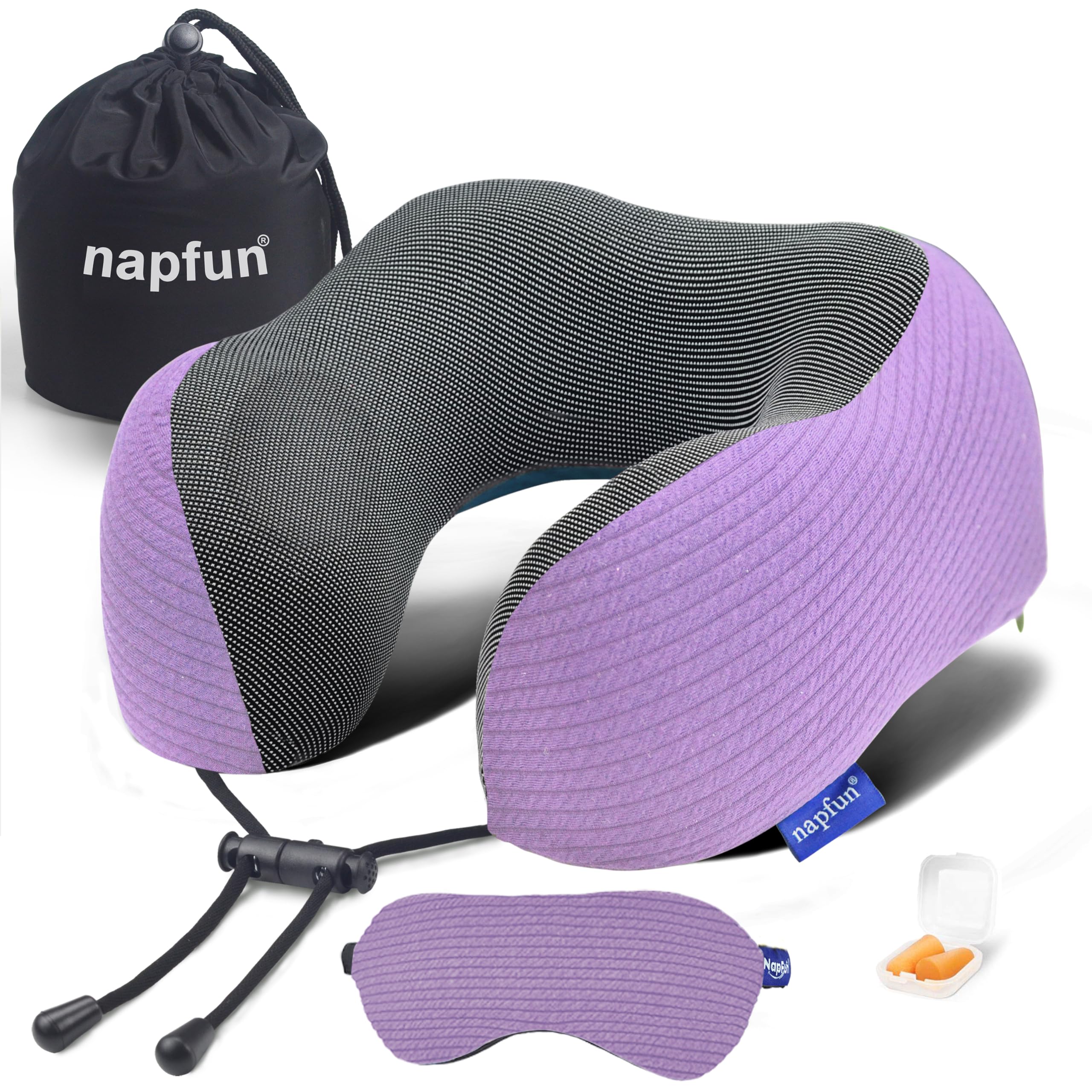 napfun Neck Pillow for Travel with Travel Pouch, Sleep Mask &amp; Earplugs, Memory Foam Airplane Pillow for Headrest Sleep with Eyeshades, Plane Essentials with Eye Blindfold, Light Purple Striped Kit