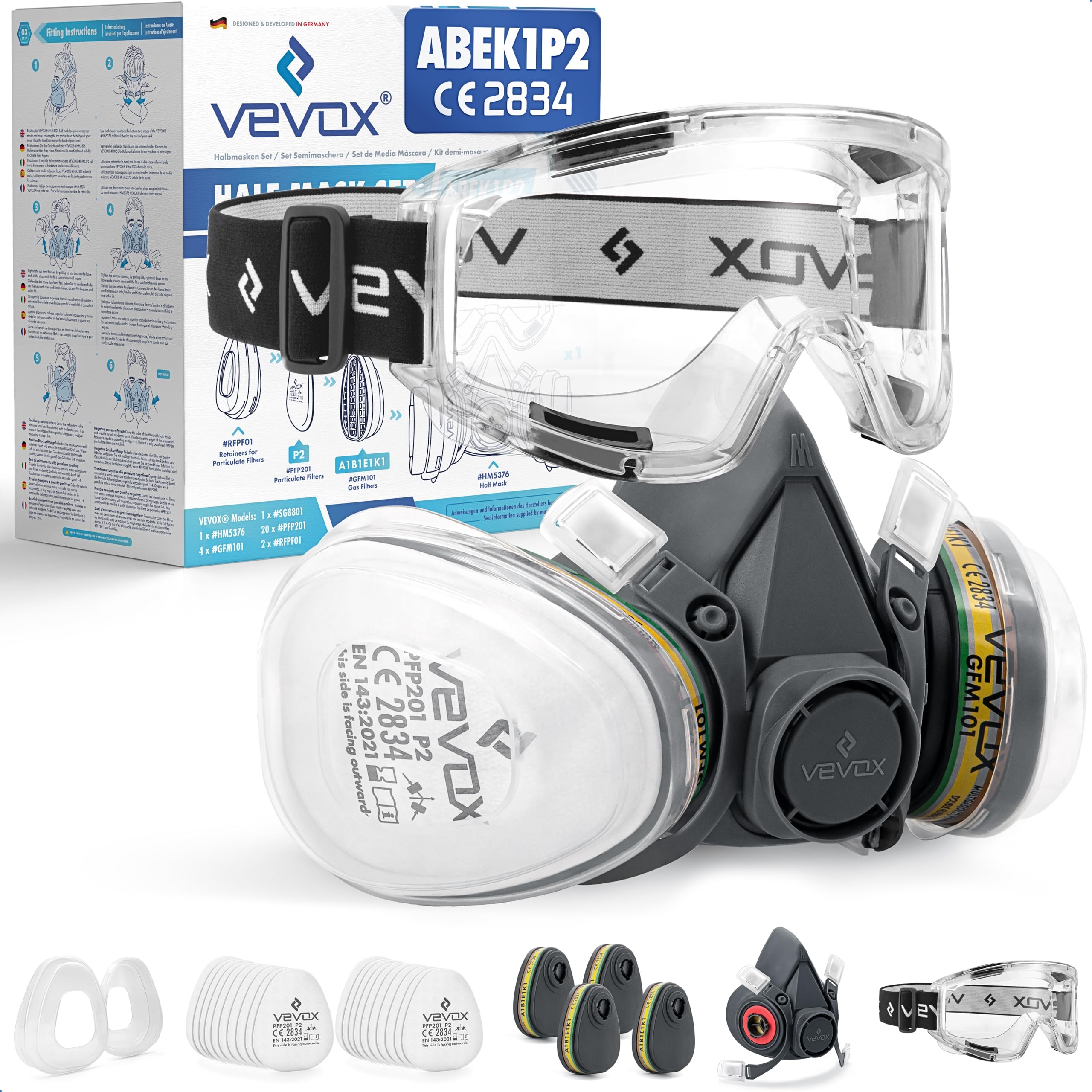 VEVOX® Atemschutzmaske - ABEK1P2 - Gasmaske - Staubmaske - Lackiermaske | Schutz gegen Feinstaub, Gase und Dämpfe - zum Lackieren, Schleifen und Sanieren - 20x P2 und 4x ABEK1 Filter - Schutzbrille