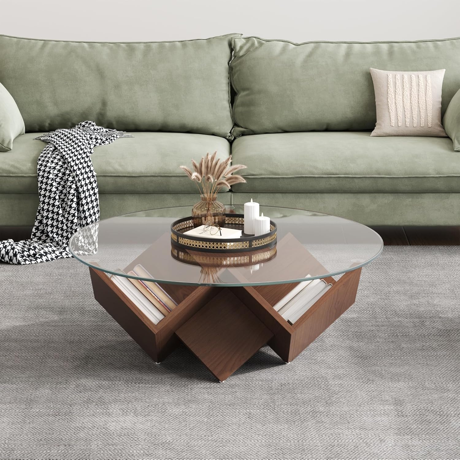35.4" Unique Round Glass Top Coffee Table with Geometric Art Base & Storage Shelves, Modern Tempered Glass Center Table with Walnut Finish for Living Room, Mid-Century Design
