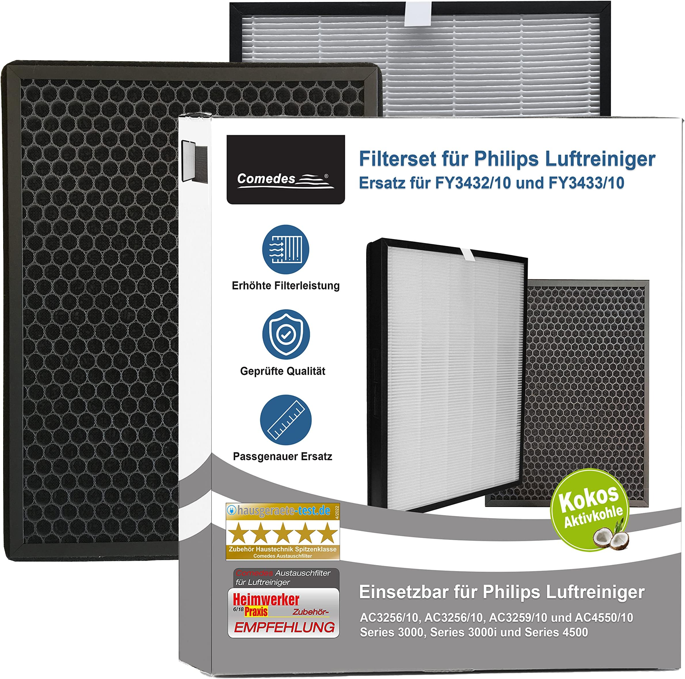 Comedes replacement filterset for Philips AC3256/60 and AC3259/60 air purifiers, HEPA and activated carbon filter | replaces Philips FY3433/10 & FY3432/10 filter