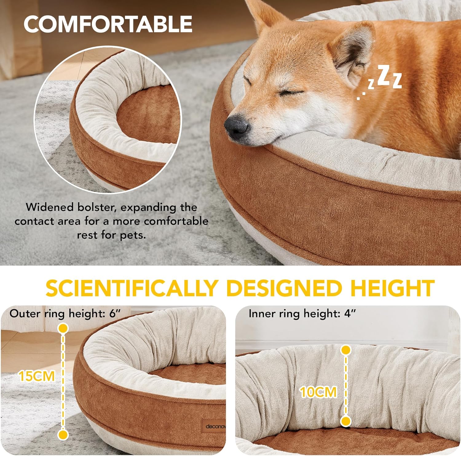 Deconovo Cosy Donut Dog Bed Medium– Soft Plush Cushion with Water Resistent Back & Non-Slip Base – Washable & Durable Nest for Dogs and Cats, 61x61x15cm, Caramel and Cream 3 91JgQnbpMNL. AC SL1500