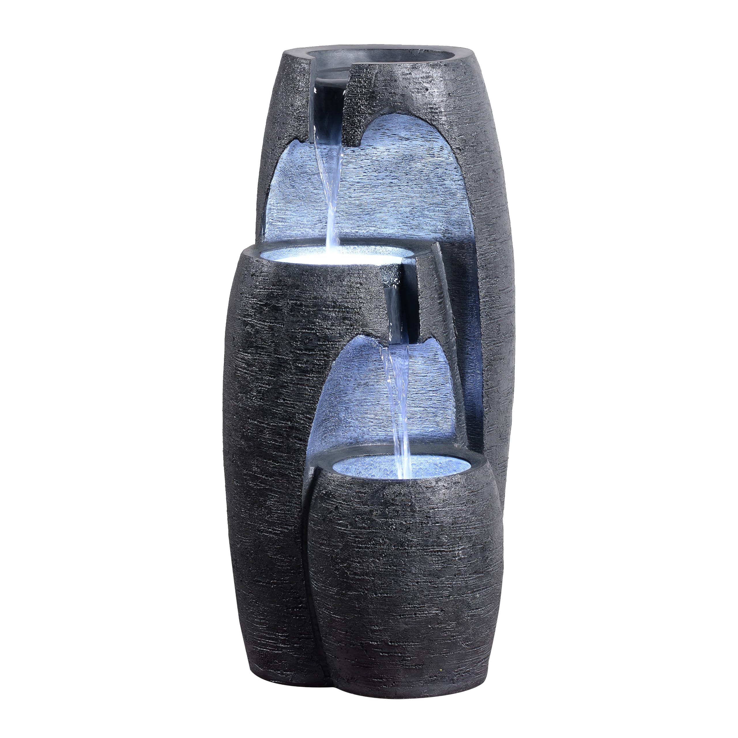 Teamson Home Garten Outdoor Brunnen Moderner 3-stufiger Kaskaden-Urnenbrunnen mit LED-Lichtern, Einstellbarer Fluss, schwarzes Steinoptik-Finish
