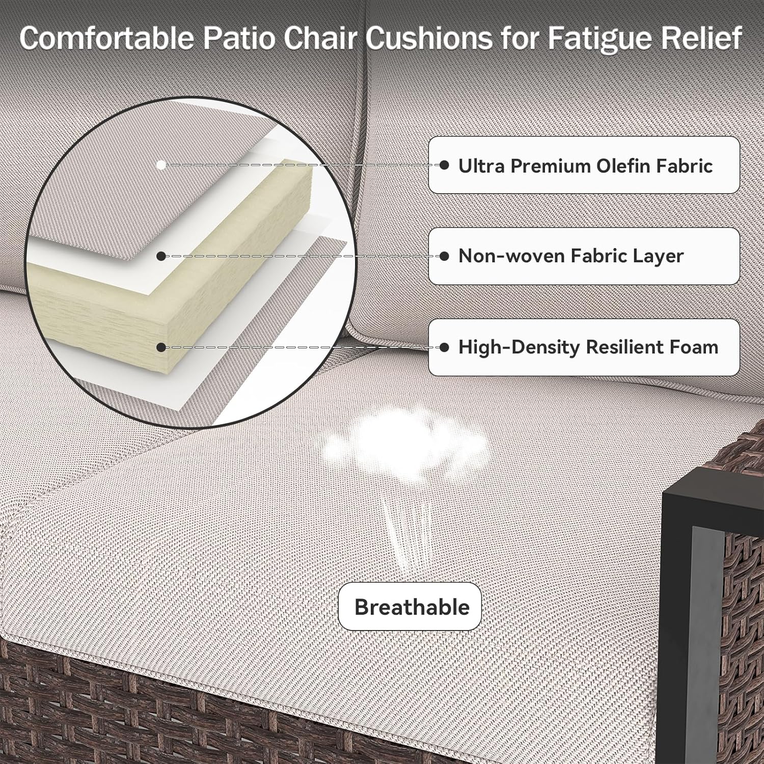 Outdoor Chair Cushions, 24" x 23" High-Density Foam Deep Seat Patio Cushions Olefin Fabric & Removable Zipper Cover Outdoor Furniture Replacement Cushions Set of 6 for Chair Sofa Couch - Beige