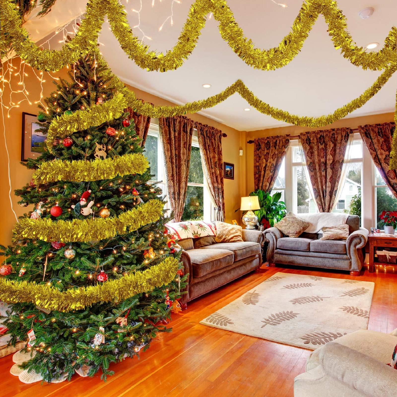 WILLBOND 50 Feet Guirnalda de Oropel de Navidad Guirnalda Metálica Girada de Espumillón Decoraciones para Árbol de Navidad Decoraciones Colgantes de Cumpleaños Boda Año Nuevo 3 Pulgadas (Dorado)