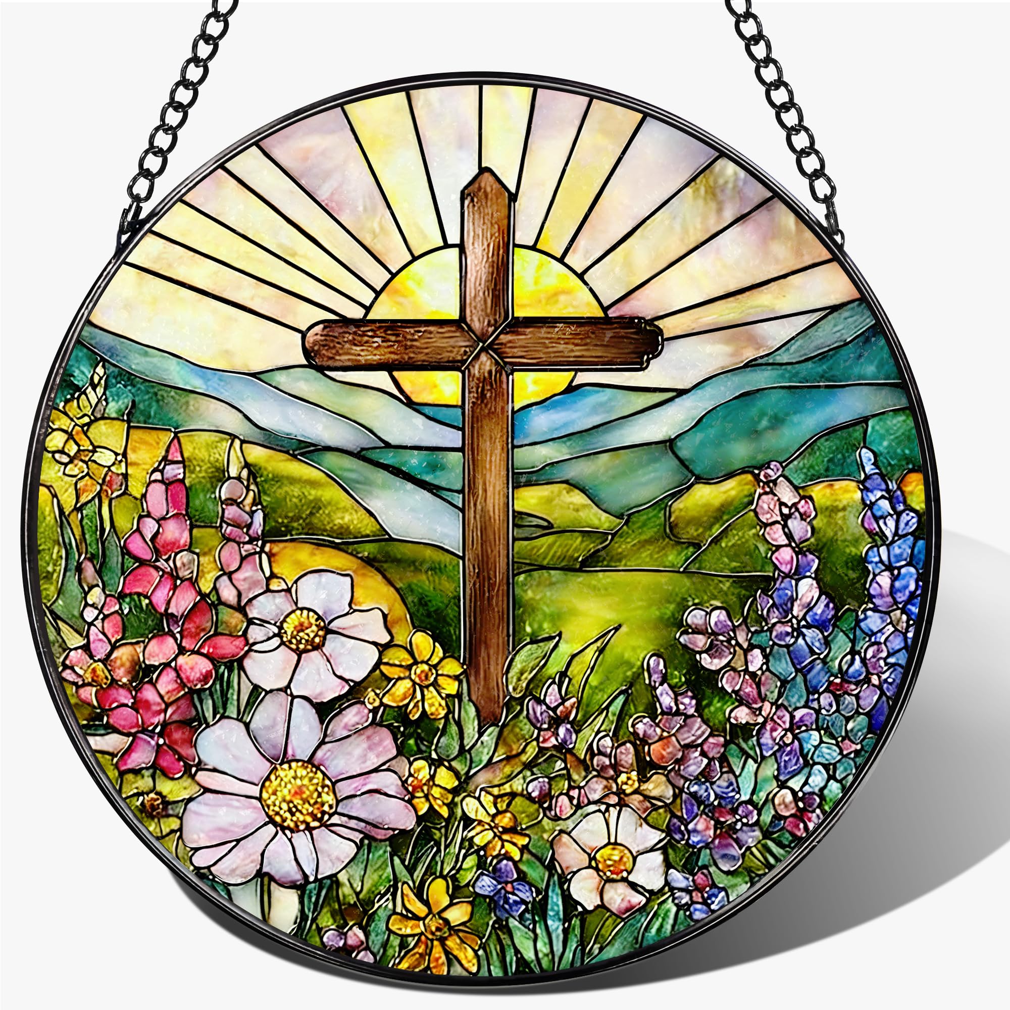 Attrape-soleil verre teinté croix chrétienne, ornement religieux intérieur