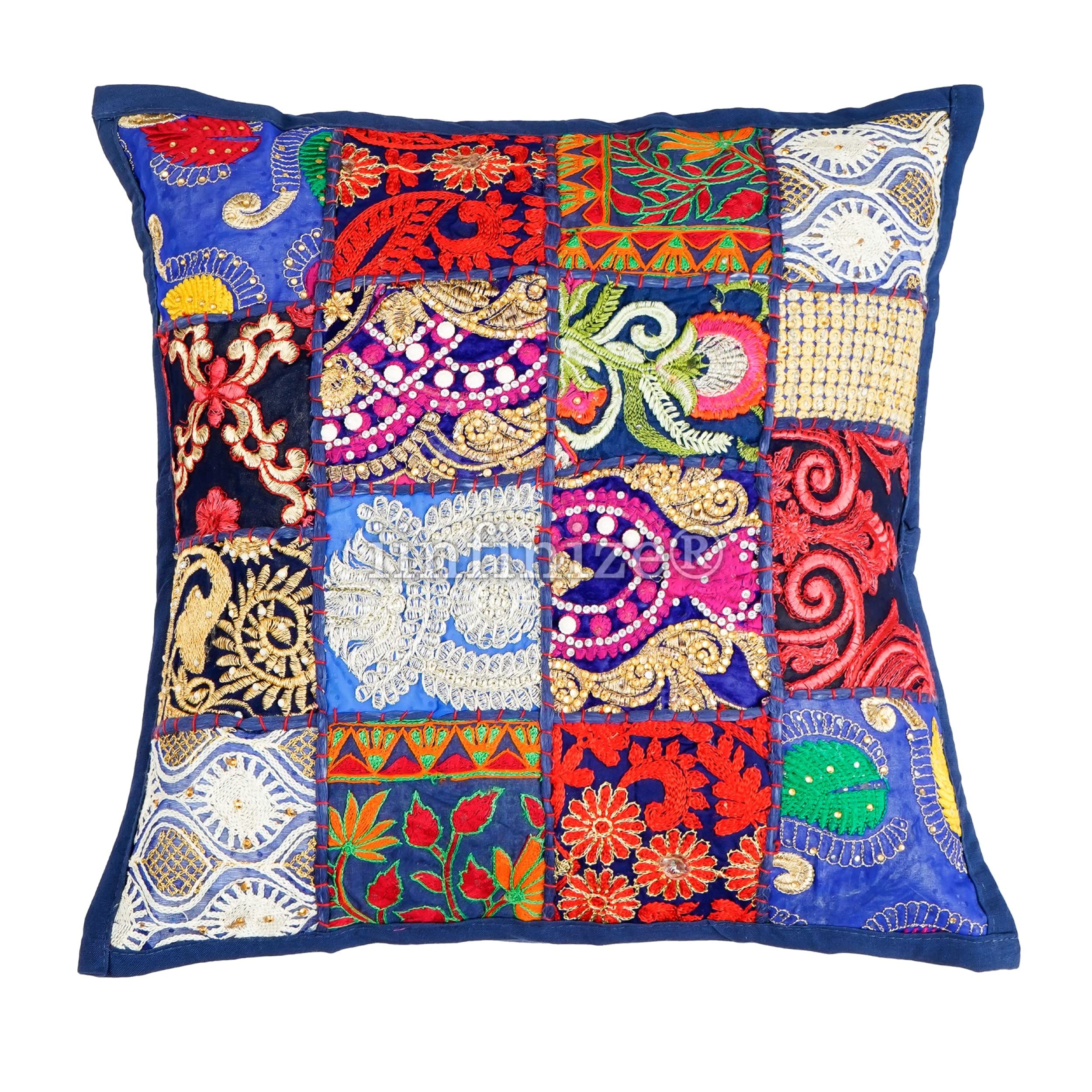 iinfinize Cotton Cushion Cover Embroidered Floor Cushion Cover Patchwork  Square Pillowcase 16 Inch Traditional Sofa Sham Throw Pillow Cover
