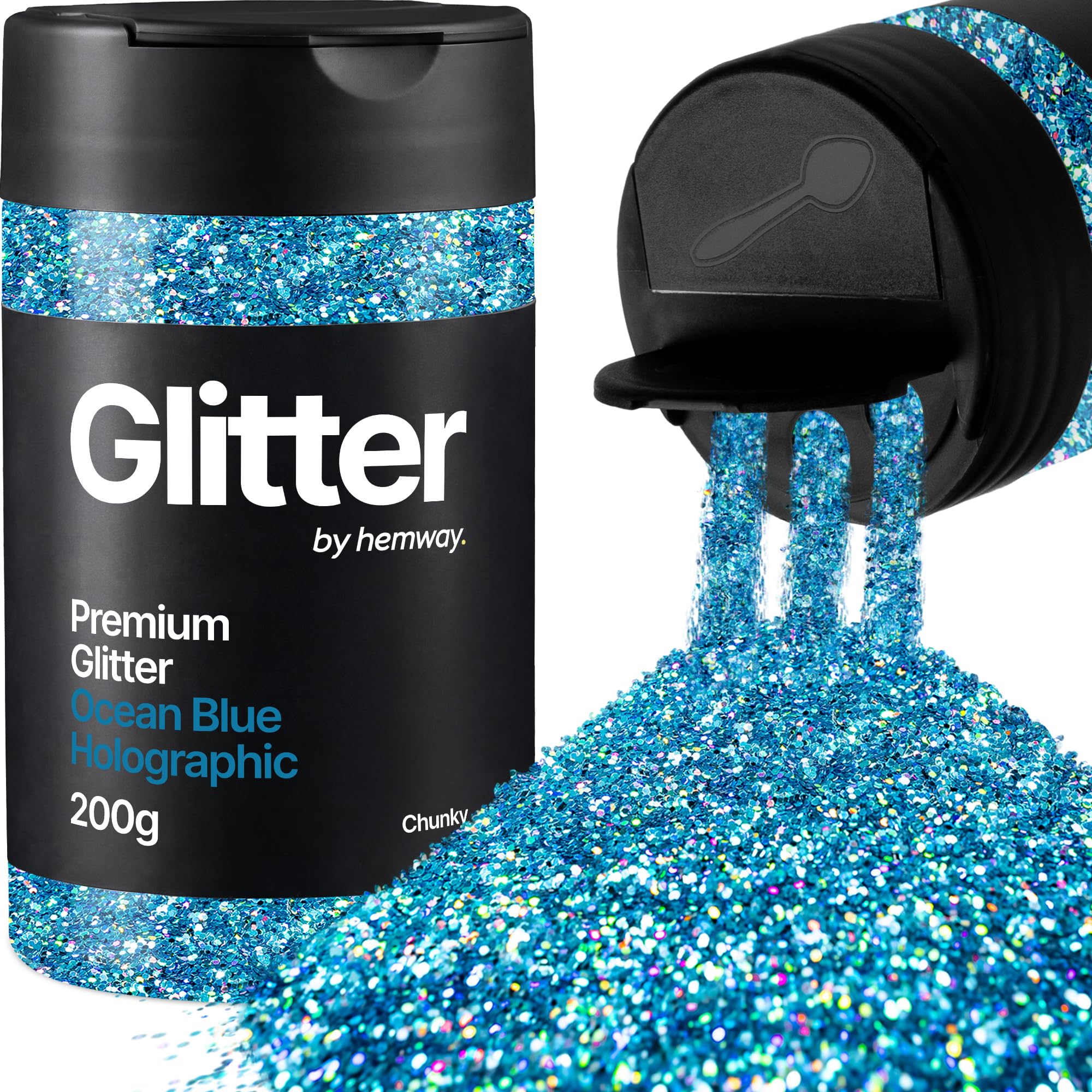 Hemway Ocean Blue Holographic Glitter Shaker, 200g Chunky Glitter for Crafts Metallic Flake Sequins for Resin & Epoxy Crafts for Decorating, Halloween, Christmas, Nail, Face, Art