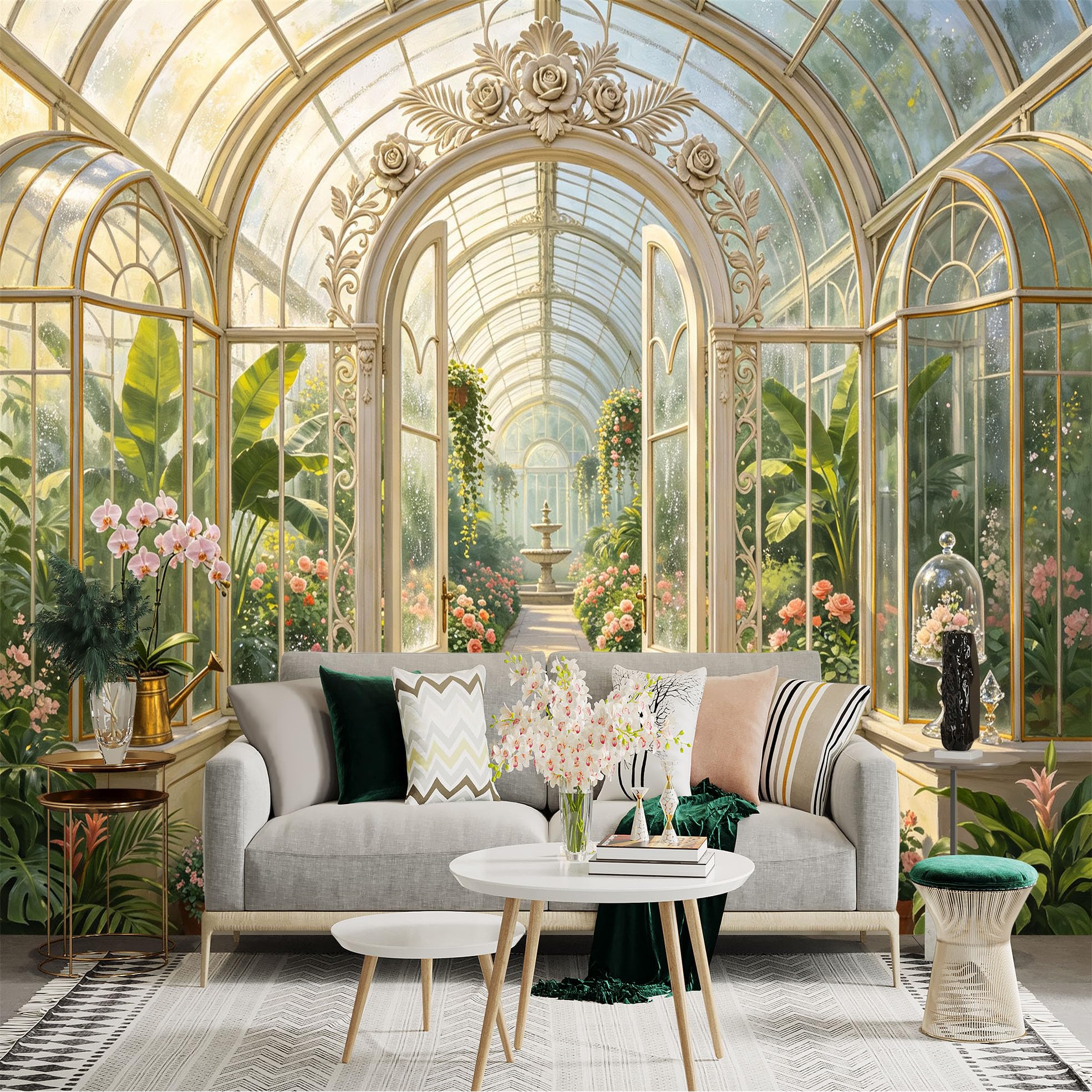 Lnzczhyre Bh260719386 Custom Size Wall Sticker Mural， Elegant Victorian Glass Conservatory， Lush Indoor Botanical Garden， Sunlit Greenhouse With Fountain And Roses， For Wall Decoration， Peelandstick Wall Decals.