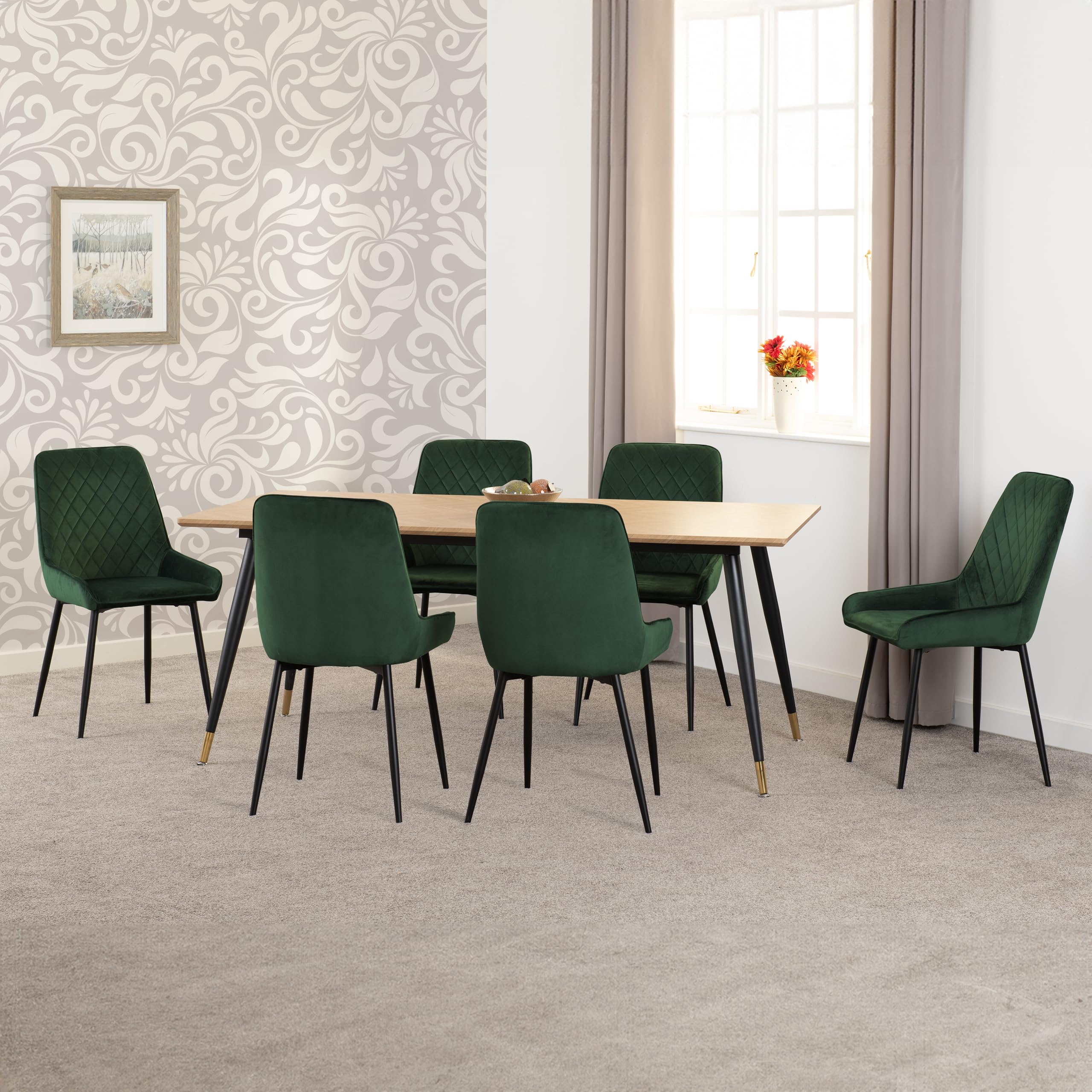 Seconique Hamilton Large Dining Table & Avery Emerald Green Velvet Chairs (Set of 6) - Medium Oak Effect