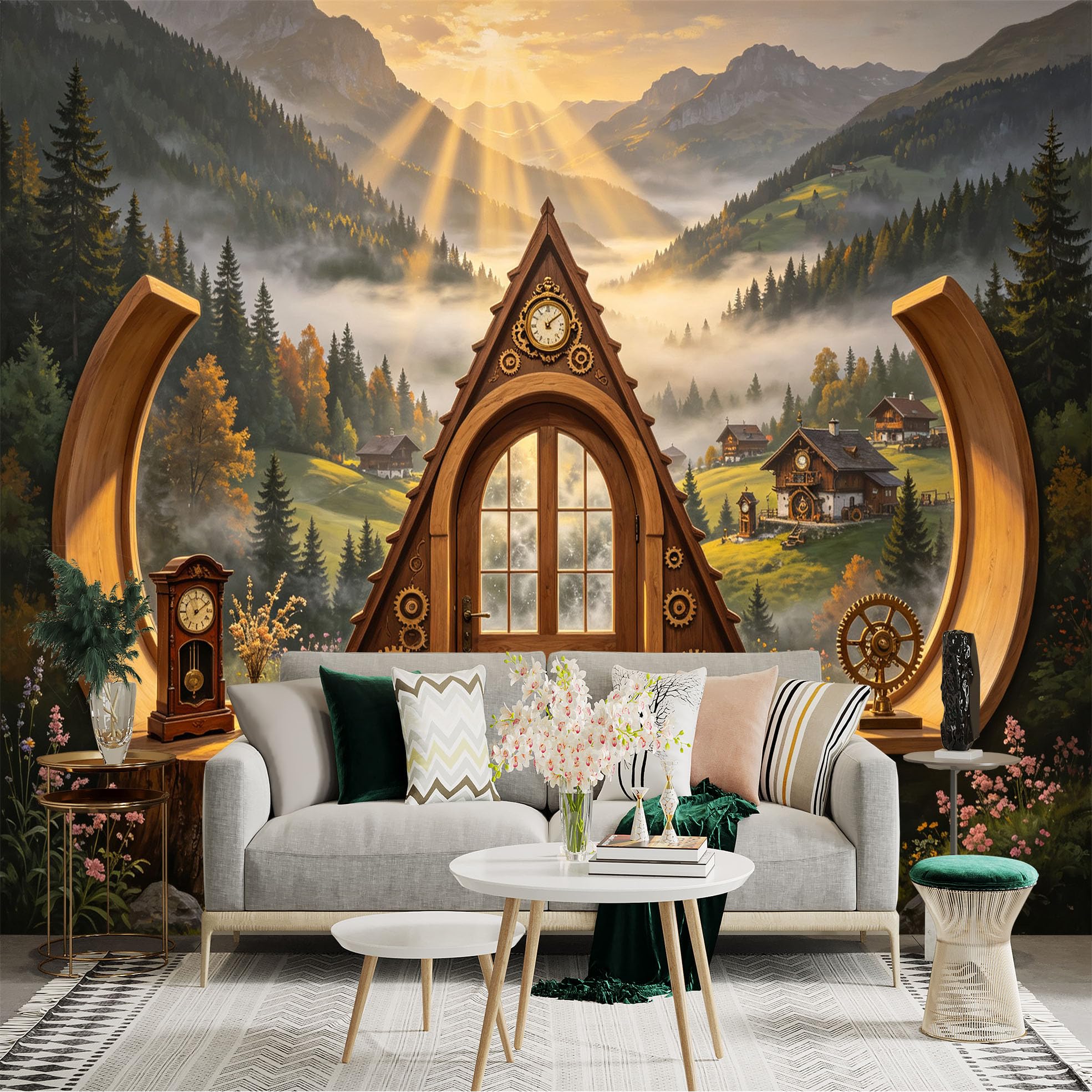 Custom Size Wall Sticker Mural， Fantasy Wooden Cottage， Mountain Valley Sunrise， Rustic Gears， for wall Decoration， peelandstick wall Decals.