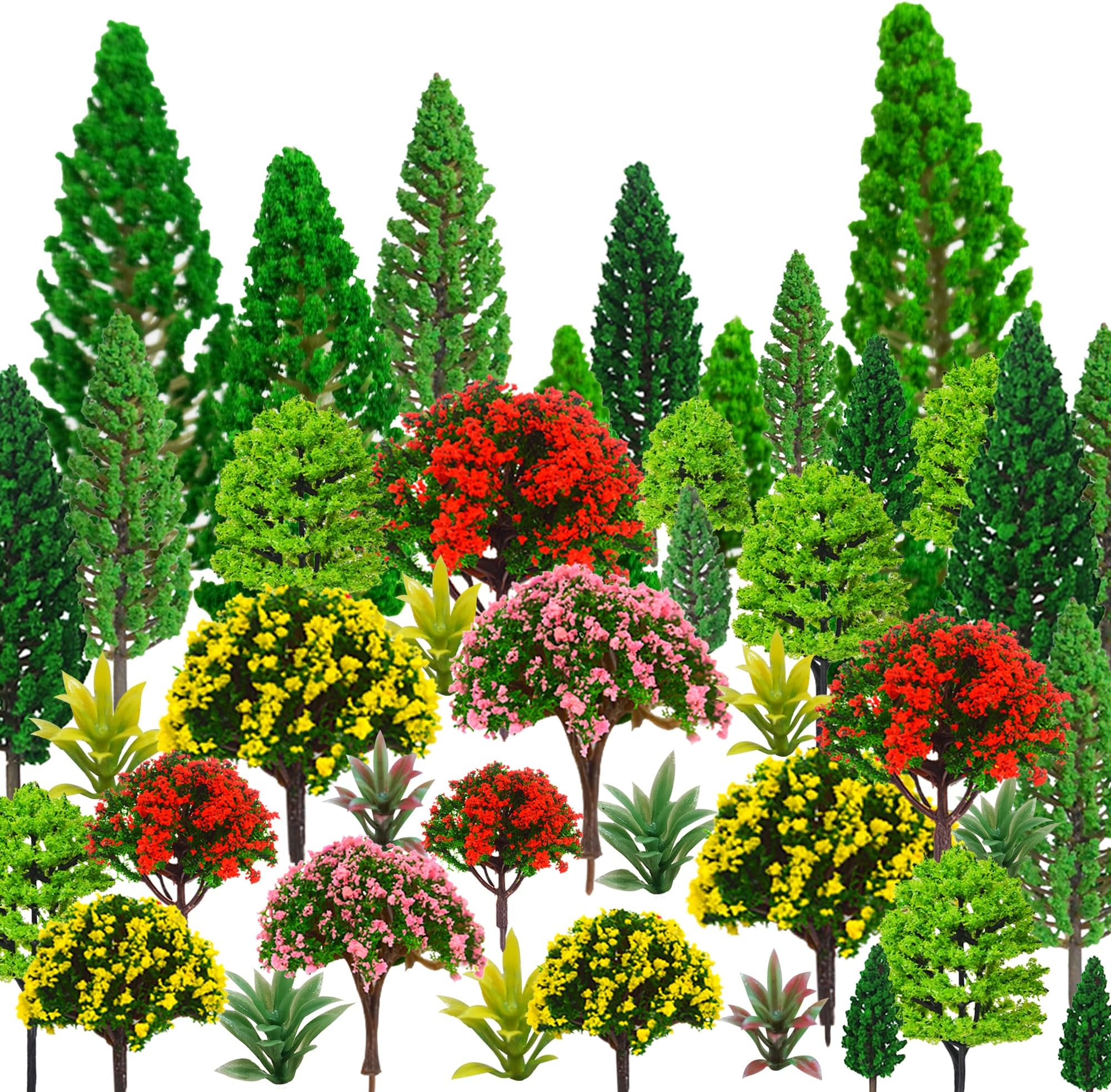 MOMOONNON 32pcs Model Trees 1.1-5.1inch Mixed Diorama Model Tree Colourful Flower Trees Grass Architecture Mini Trees for Crafts Building Model Railway Scenery Landscape Supplies (Style 01)