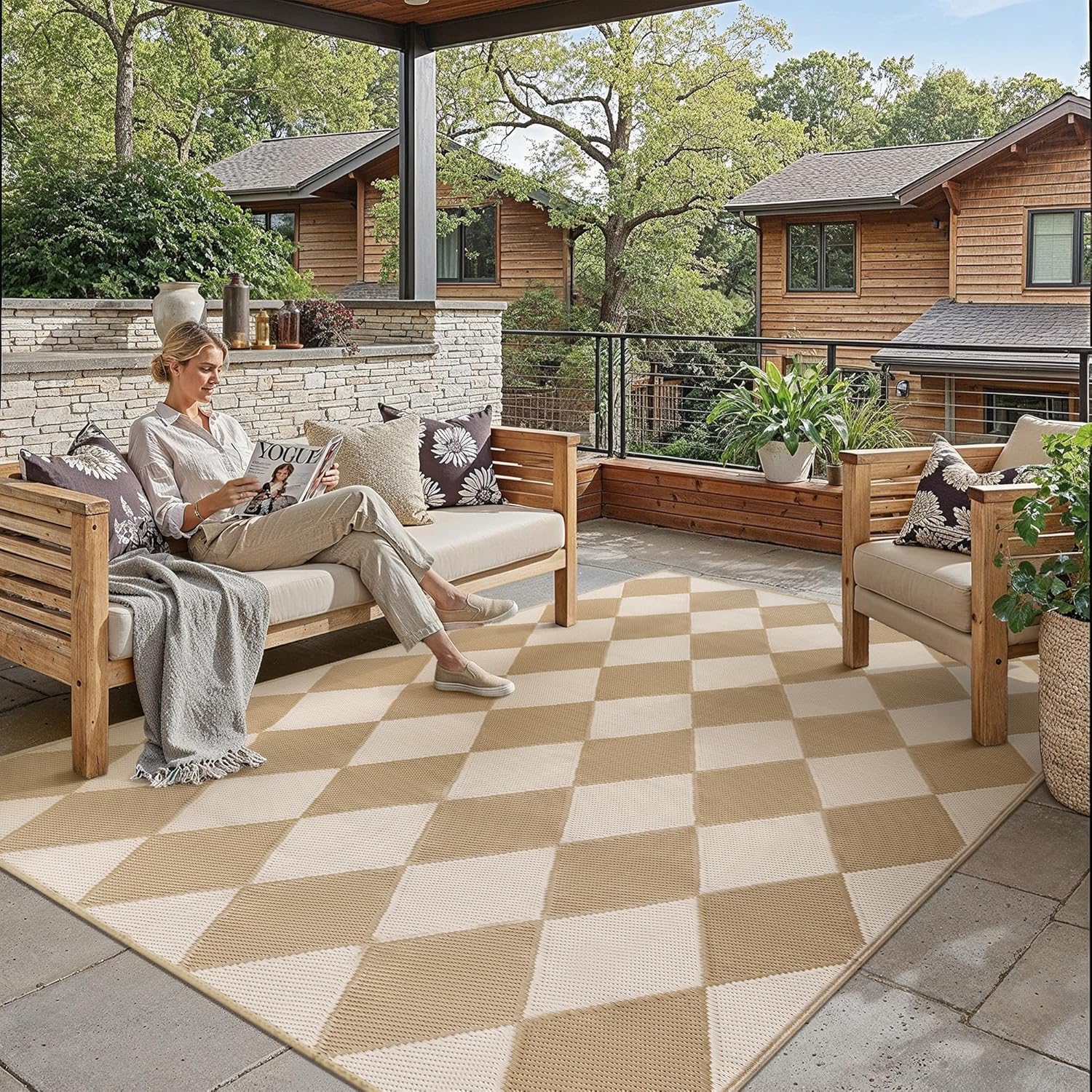 Outdoor Plastic Checkered Rug Waterproof Patio 5x8 Beige Brown Diamond Geometry Mat for Porch Camping RV Balcony Deck Courtyard Reversible Lightweight Durable Portable