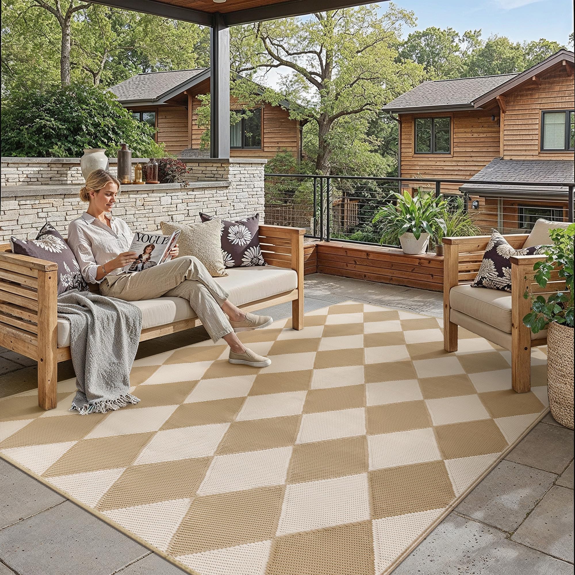 WondRg Outdoor Plastic Checkered Rug 5x8 Beige Brown Diamond