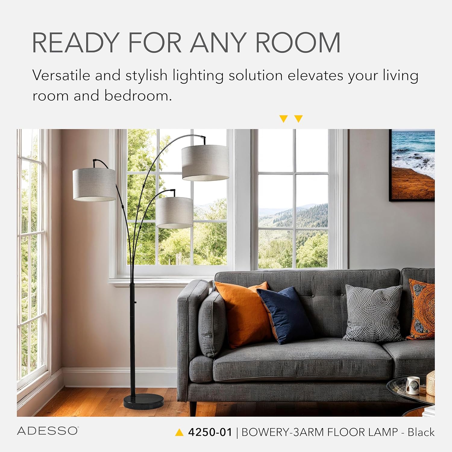 Adesso 3-Arm Arc Floor Lamp with Black Marble Base and Textured Taupe Lampshade – 4-Way Adjustable Brightness, Bedroom, Home Office Lighting, or Living Room Decor, 82” x 52”