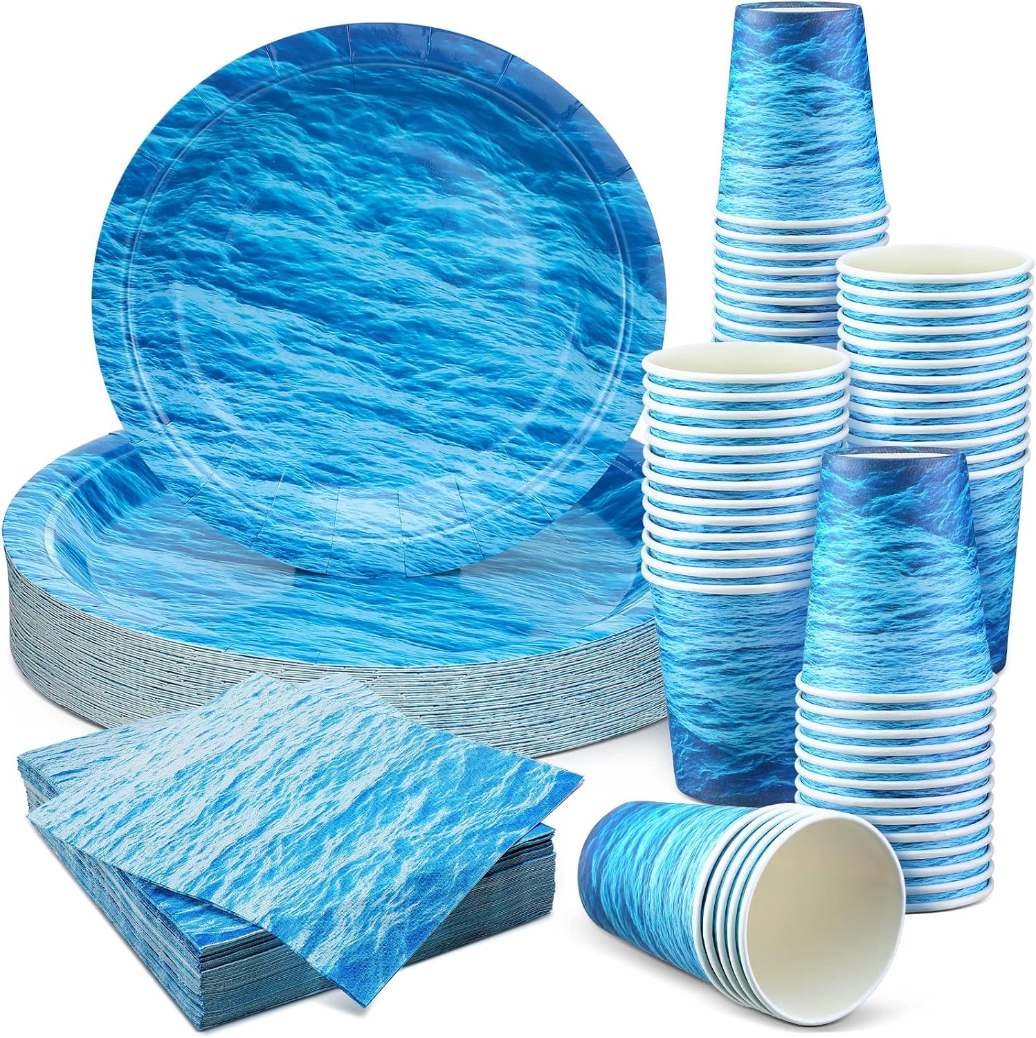 Marsui 200 Pieces Party Supplies Tableware Set Patterns Printed Plates Napkins Cups Table Decorations for Baby Shower Birthday Party (Ocean Style)