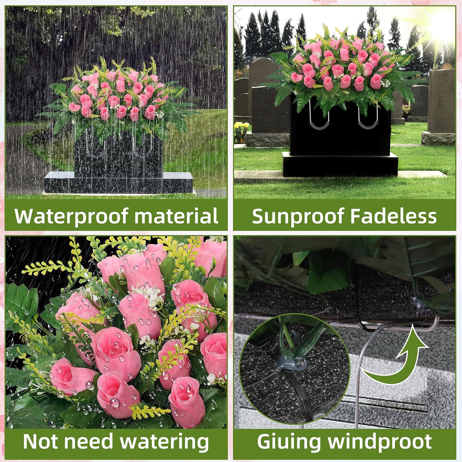 Cemetery Headstone Flower Saddle,Cemetery Tombstone Flower Saddle,Outdoor Grave Saddle Headstone Decorations,Cemetery Memorial Flowers for Outdoor Gravesite Tombstone Decorations (Pink)