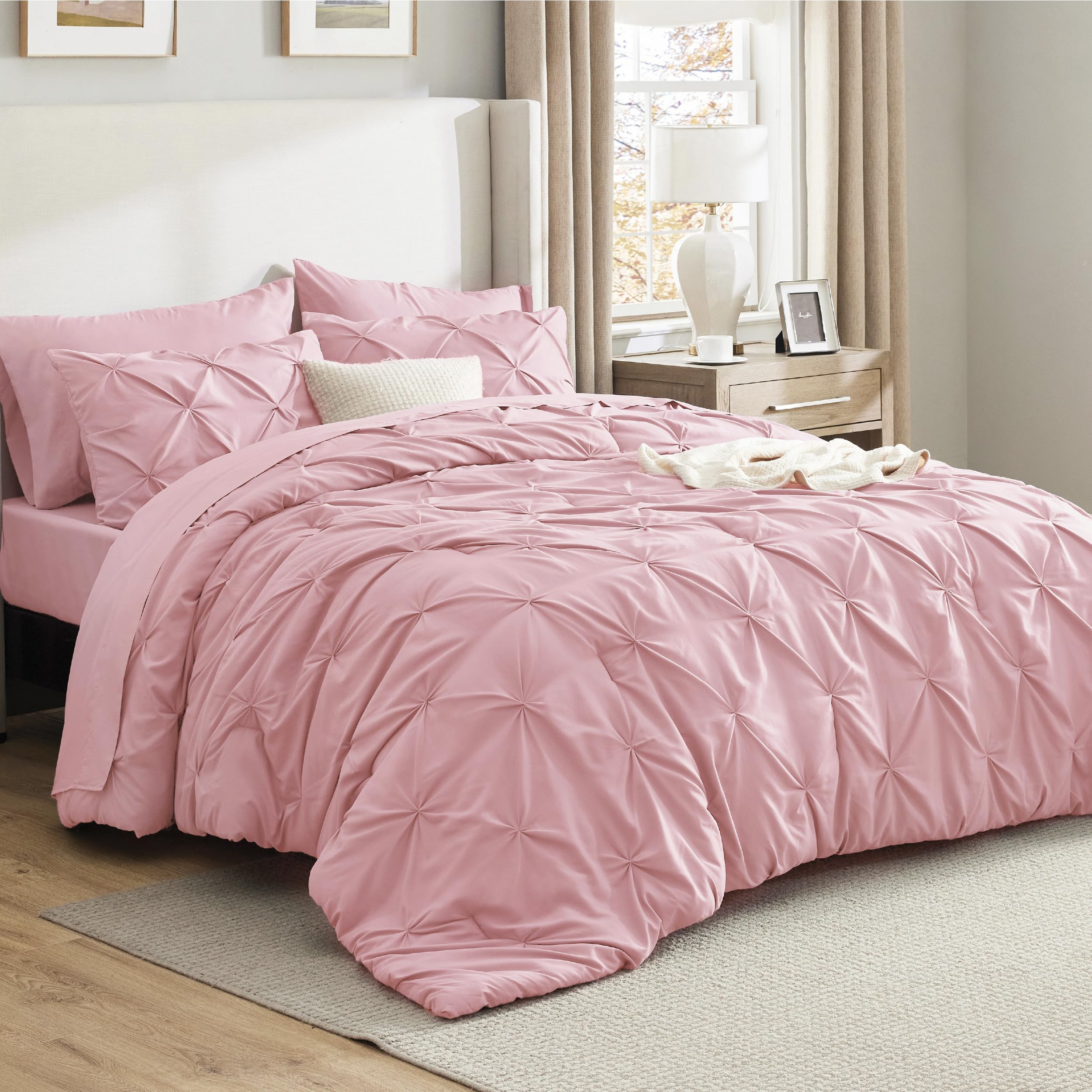 Bedsure 7-Piece Full Size Comforter Sets &amp; Sheets, Baby Pink Full Bedding