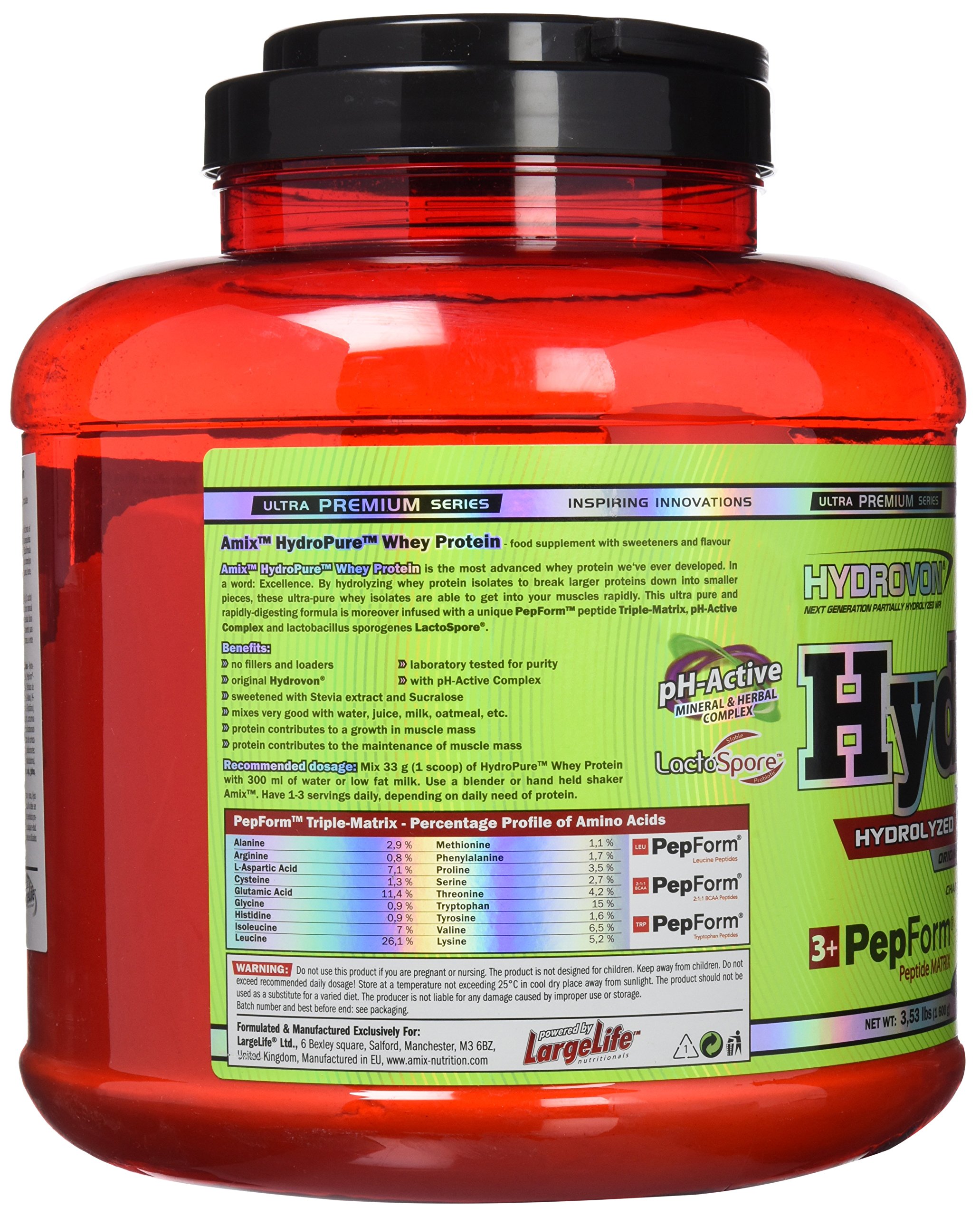 Amix - Hydropure Whey CFM - Suplemento Alimenticio - Mejora del Rendimiento - Contiene Aminoácidos Bcaa - Glutamina en Polvo - Nutrición Deportiva - Sabor a Fresa - Bote de 1,6 Kg
