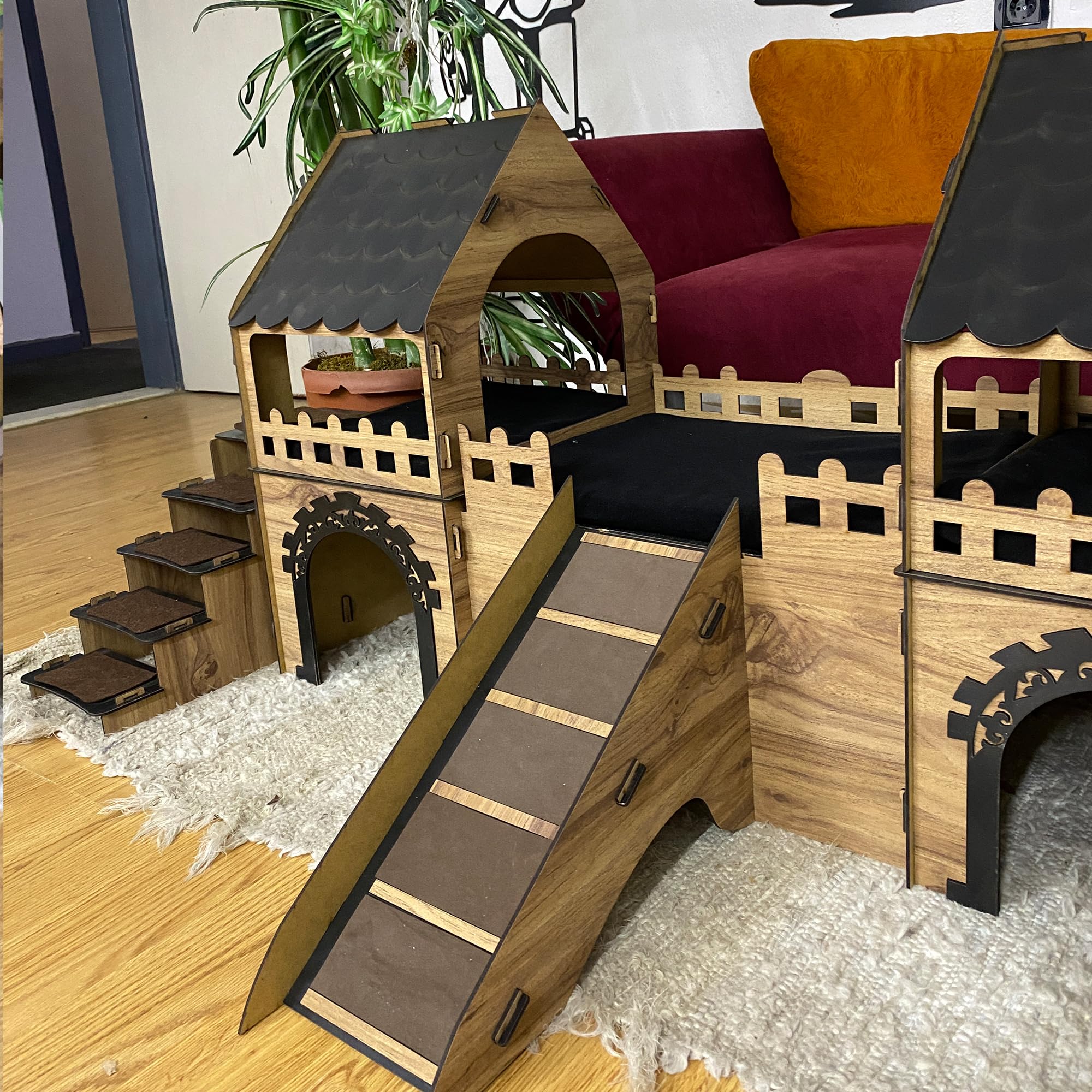 Kaninchenburg mit 2 Etagen, XXL Kaninchenhaus aus Holz mit Rampe & Treppen, Großer Spielturm & Versteck für Zwergkaninchen, Meerschweinchen & Hasen, Indoor Nagerhaus aus Naturholz (Eiche-Schwarz)