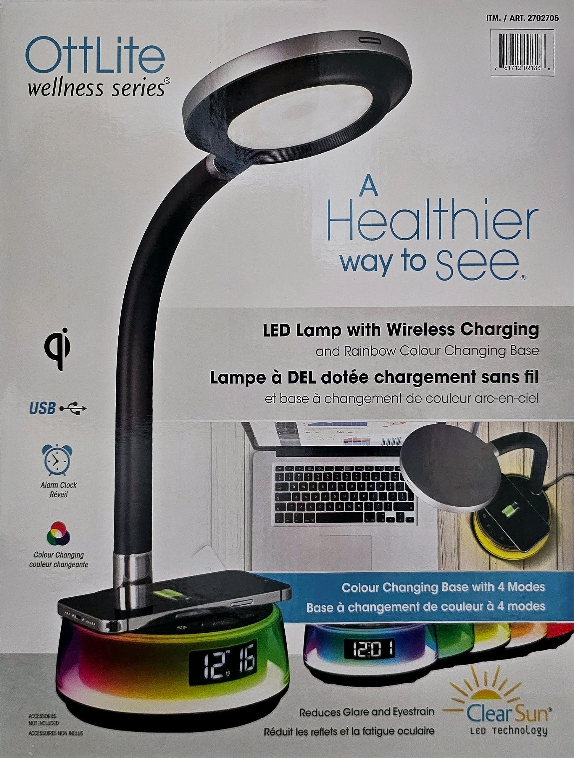 OttLite Lampada da Tavolo a LED Glow con Base Cambia Colori e Porta USB, Serie Wellness (Nero