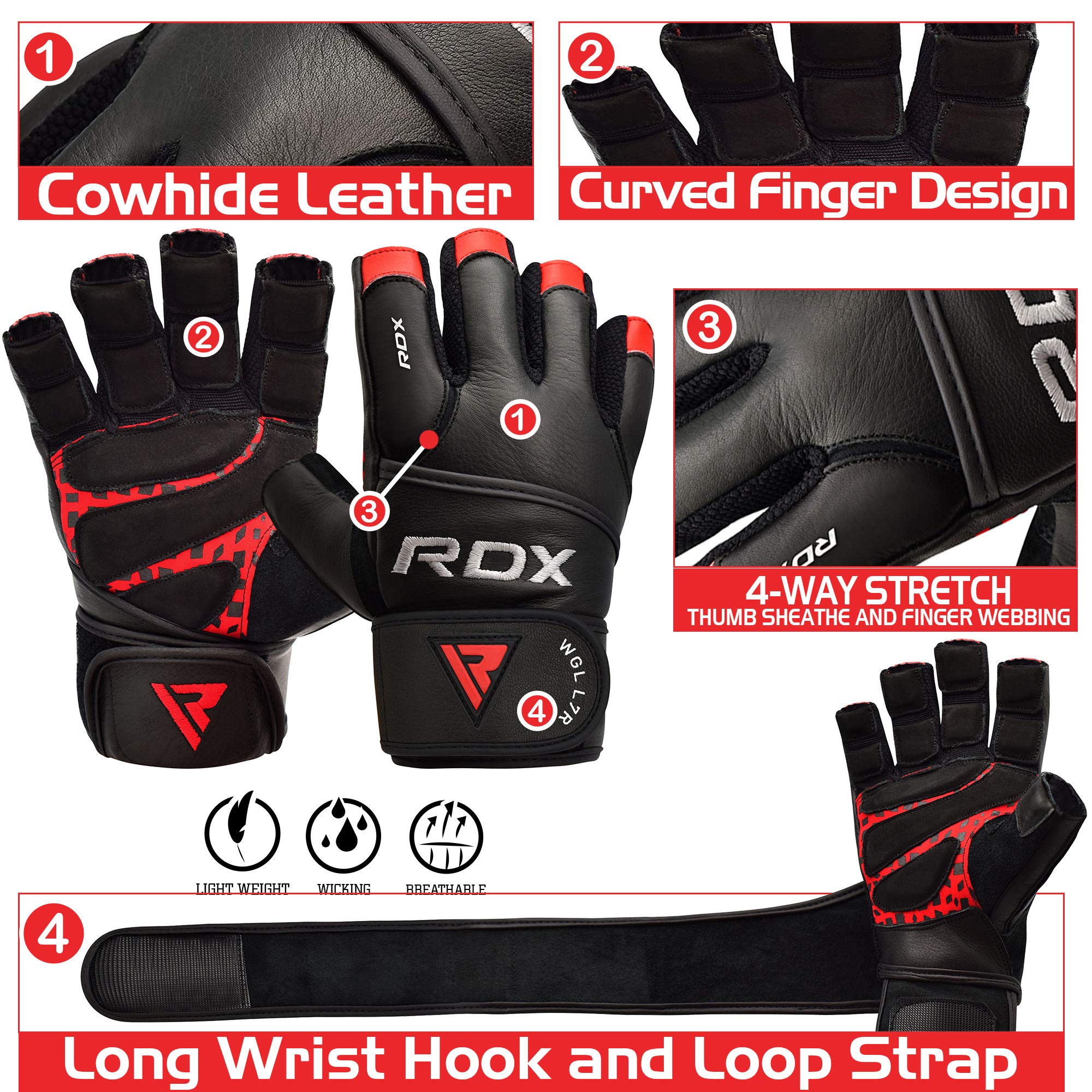RDX Gants de Musculation Poignet Longue Workout Fitness Gymnastique Entrainement Cuir Maya Hide Powerlifter Halterophilie Gym Gloves
