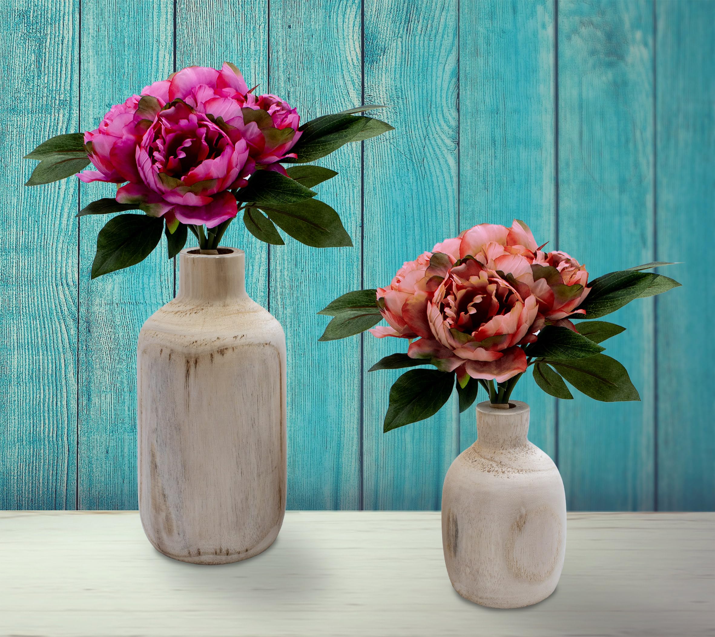 Set De 2 Jarrones De Madera Natural - Forma De Botella Abombada 28 Cm Y 18 Cm - Decoración De Mesa Para Plantas Artificiales Y Pampas
