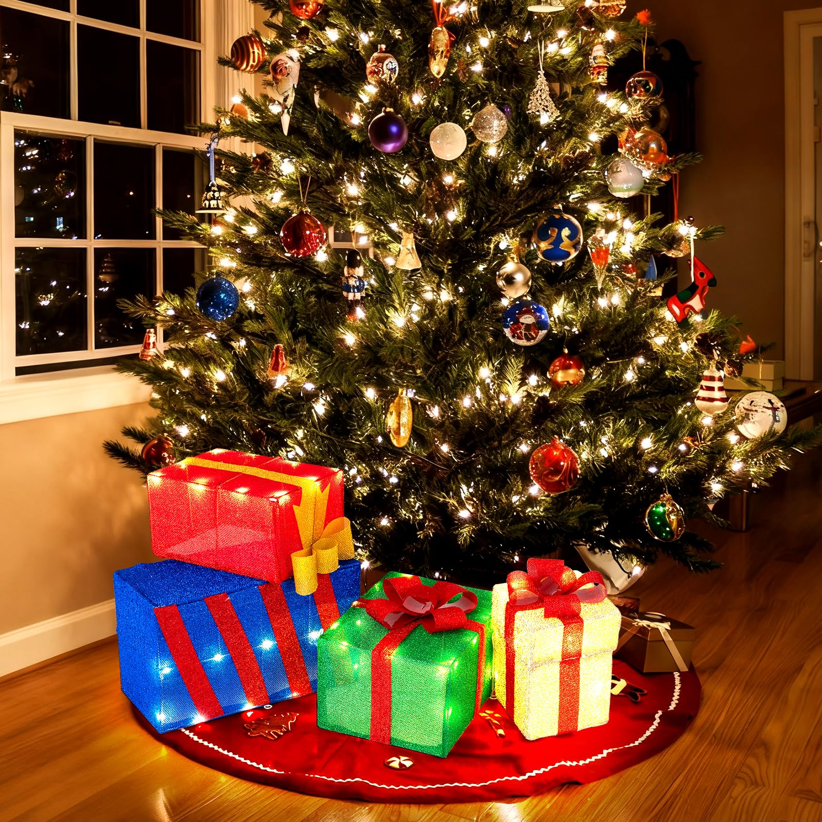 GOPLUS 120 cm Boîtes Cadeaux Noel Lumineuses, Décorations Noël Interieur Exterieur avec 48 Lumières LED, Nœuds, Boîtes Cadeaux Empilées pour Cour, Porche, Jardin, Cheminée