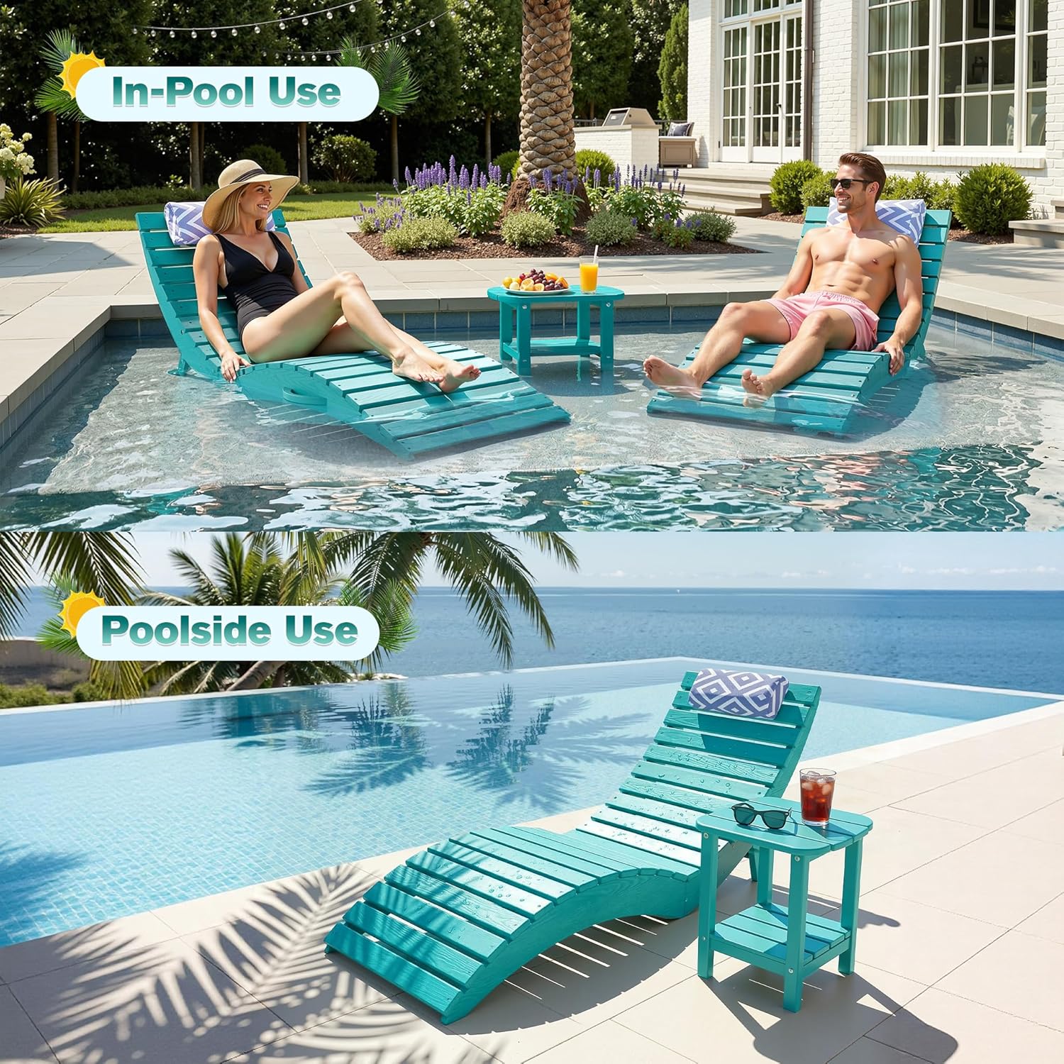 nalone Folding Pool Lounge Chairs Set of 2, HDPE Outdoor Pool Chaise Lounge with Pillow, Pre-Assembled Tanning Chairs with Wheels for Pool Beach Patio (2, Aruba)