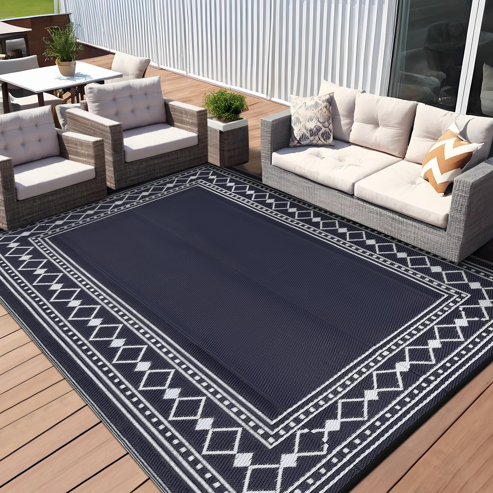 Blue Outdoor Rug Waterproof Reversible Rug for Patio, Modern Geometric Outdoor Carpet, Washable Durable RV Camping Mat for Porch Yard Garden Balcony Beach, Blue Black 180 x 270 cm