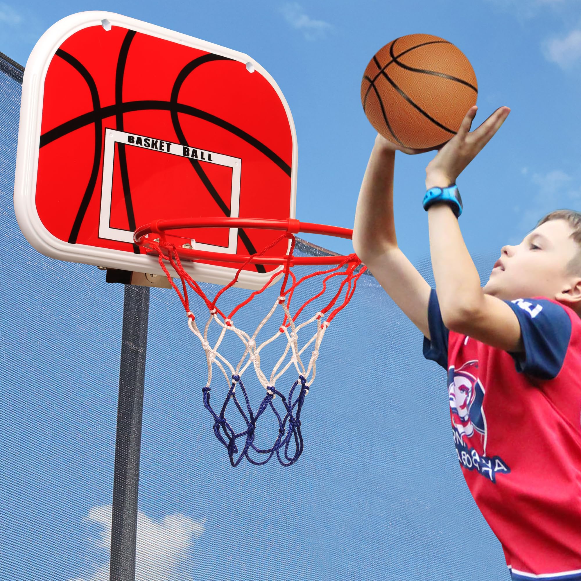 TRANOMOS Basketball Hoop for Trampoline Outdoor with 2 Mini Balls and 1 Pump, Basketball Hoop Attachment for Trampoline Easy to Install, Fit for Straight Pole, Red