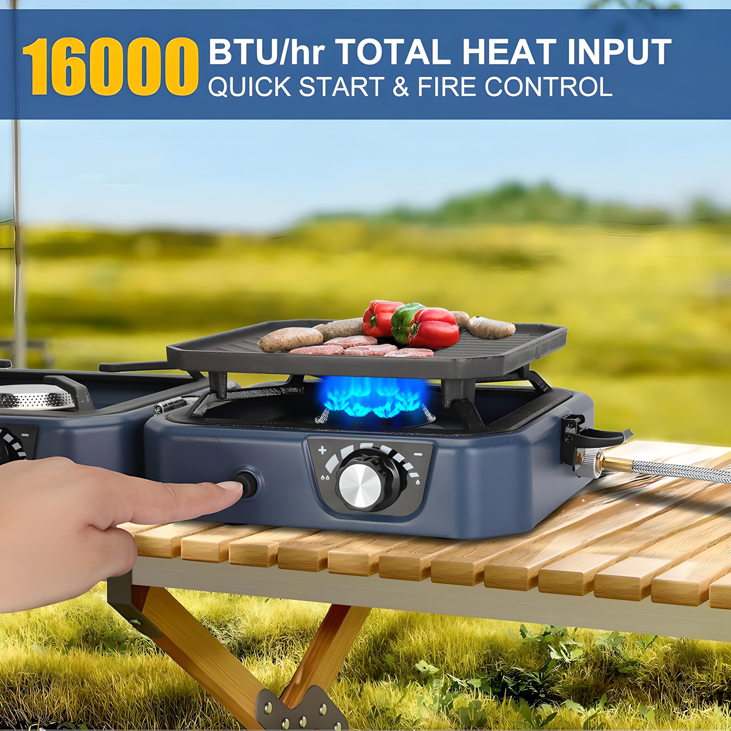 Estufa de camping de gas, parrilla portátil de barbacoa de 2000 W con plancha, quemadores ajustables de 16000 BTU y encendido piezoeléctrico para cocinar al aire libre, fiestas en el jardín y camping