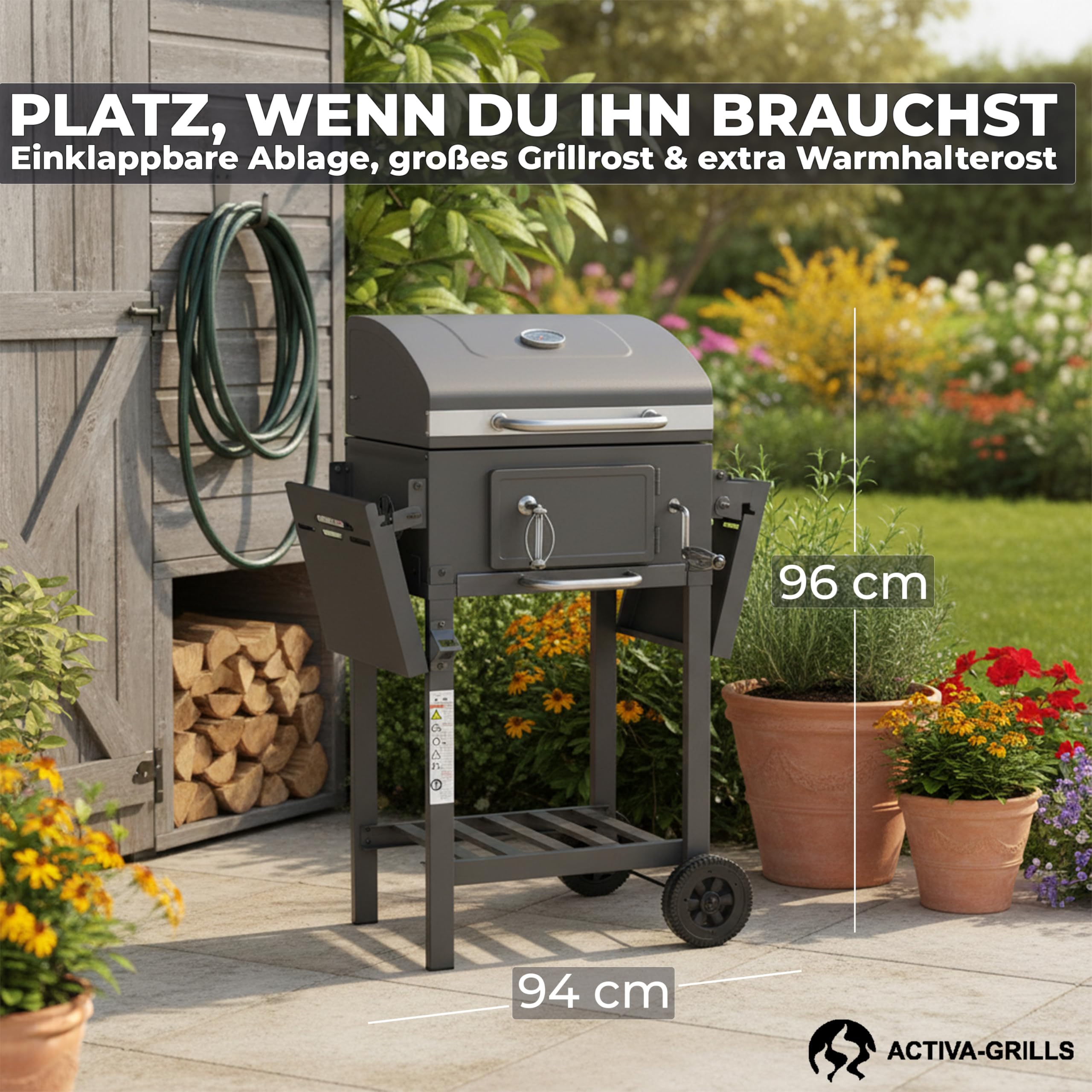 ACTIVA Holzkohlegrill Angular Smart I Holzkohlegrill mit Deckel, verstellbarer Kohlewanne & Thermometer I Grillwagen für ein gelungenes Barbecue