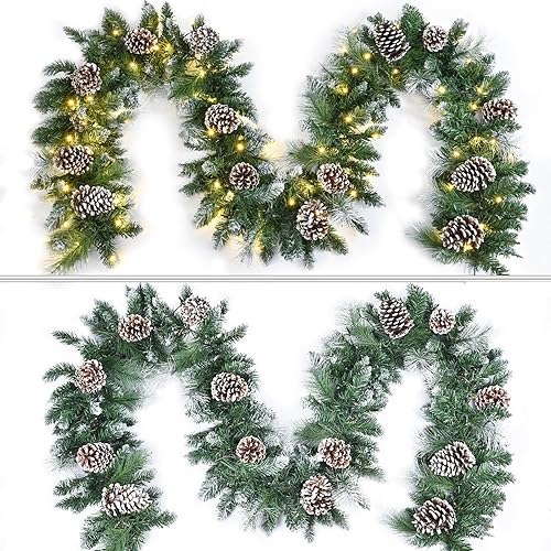 Miniatura 4 de DearHouse Guirnalda de pino de Navidad de 9 pies con 50 luces LED, guirnalda de Navidad preiluminada de invierno con ciprés de abeto para temporada