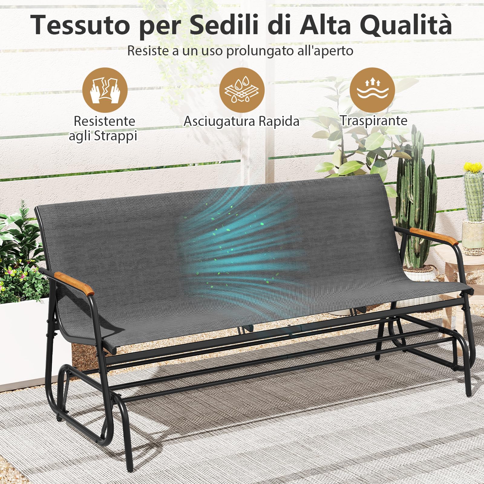 RELAX4LIFE Dondolo da Giardino 3 Persone, Sedie da Giardino con Sedile in Tessuto Traspirante, Braccioli Curvati in Legno e Telaio in Metallo, Panchina da Esterno per Cortile, Max 450KG (3 Posti)