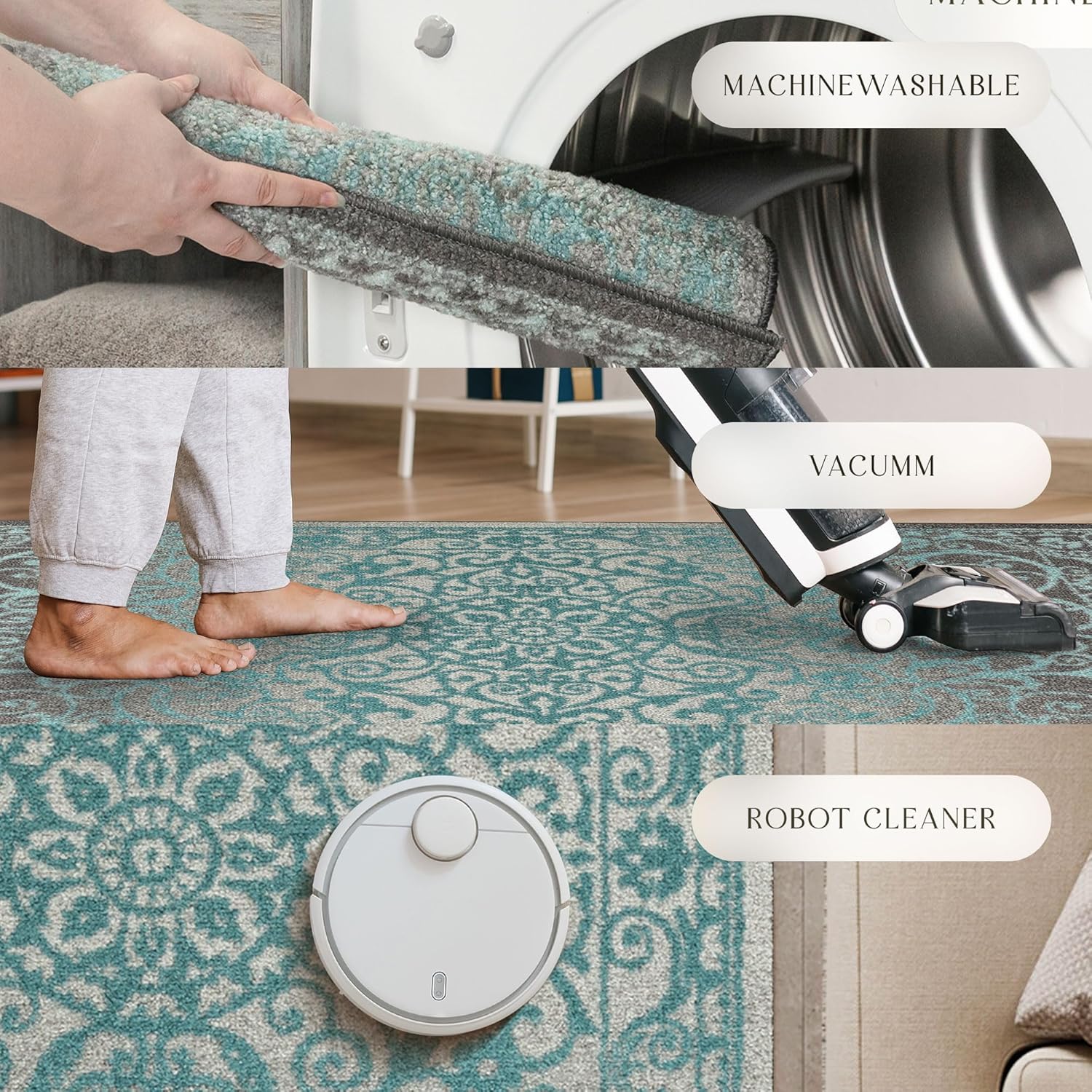 Maples Rugs Pelham Vintage Medallion Area Rugs - Made in USA - Washable, Non-Slip, Low Profile Indoor Rug for Entryway, Foyer, Kitchen, and Bathroom, 2'6 x 3'10, Blue/Grey