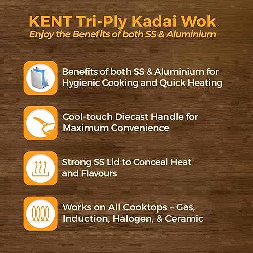 Miniatura 4 de KENT Triply Kadai Wok 7.9 in con tapa de vidrio 1,6 L  Mango fundido a presión Cool Touch  Apto para inducción  Apto para lavavajillas