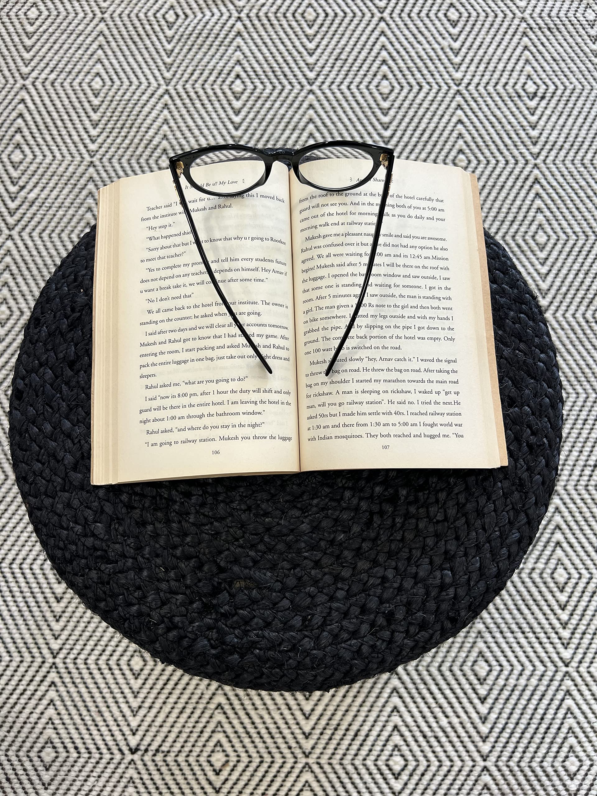 S & L Homes Pouf Ottoman - 100% Jute Braided Hand Knitted Traditional Cord Boho Pouffe for Living Room, Bedroom, Nursery, Patio, Lounge Colorblock - Natural Black (16?Ç¥x16?Ç¥x16?Ç¥)