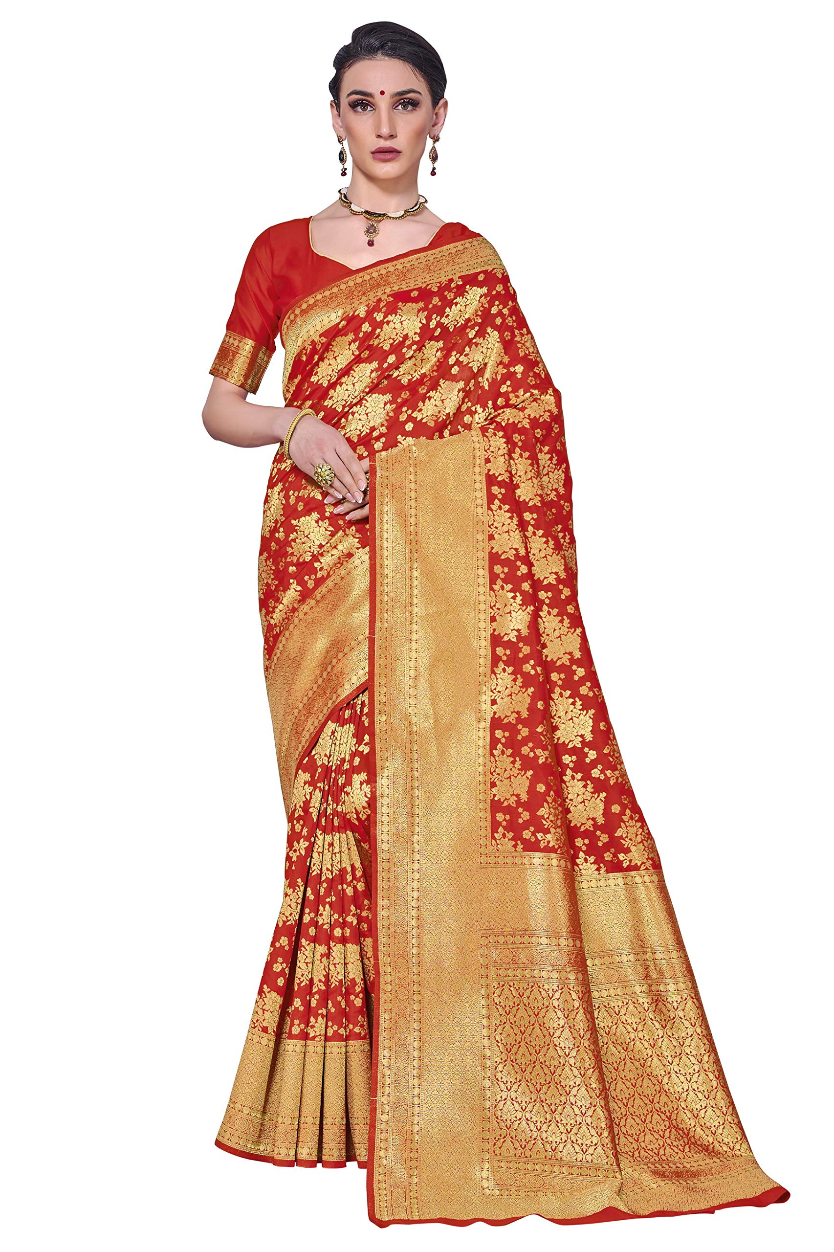 Glory Sarees Womens Banarasi Silk Saree With Blouse Piece (Gs_Kara144_Red)