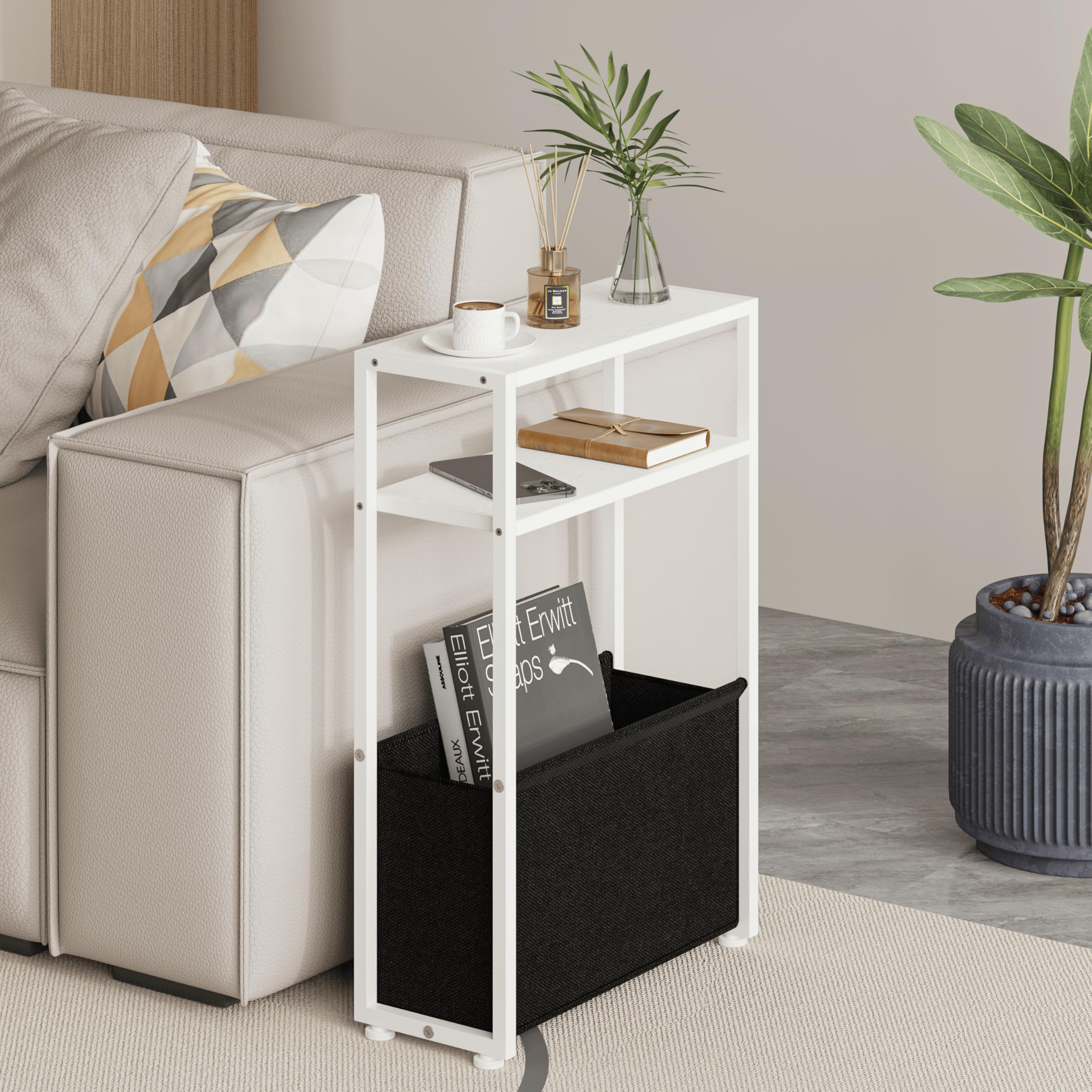 Leomonio Narrow Side Table, Slim End Tables with Fabric Basket, Skinny Table for Small Spaces, Thin Bedside Table for Living Room, Bedroom, White, ZBZ01