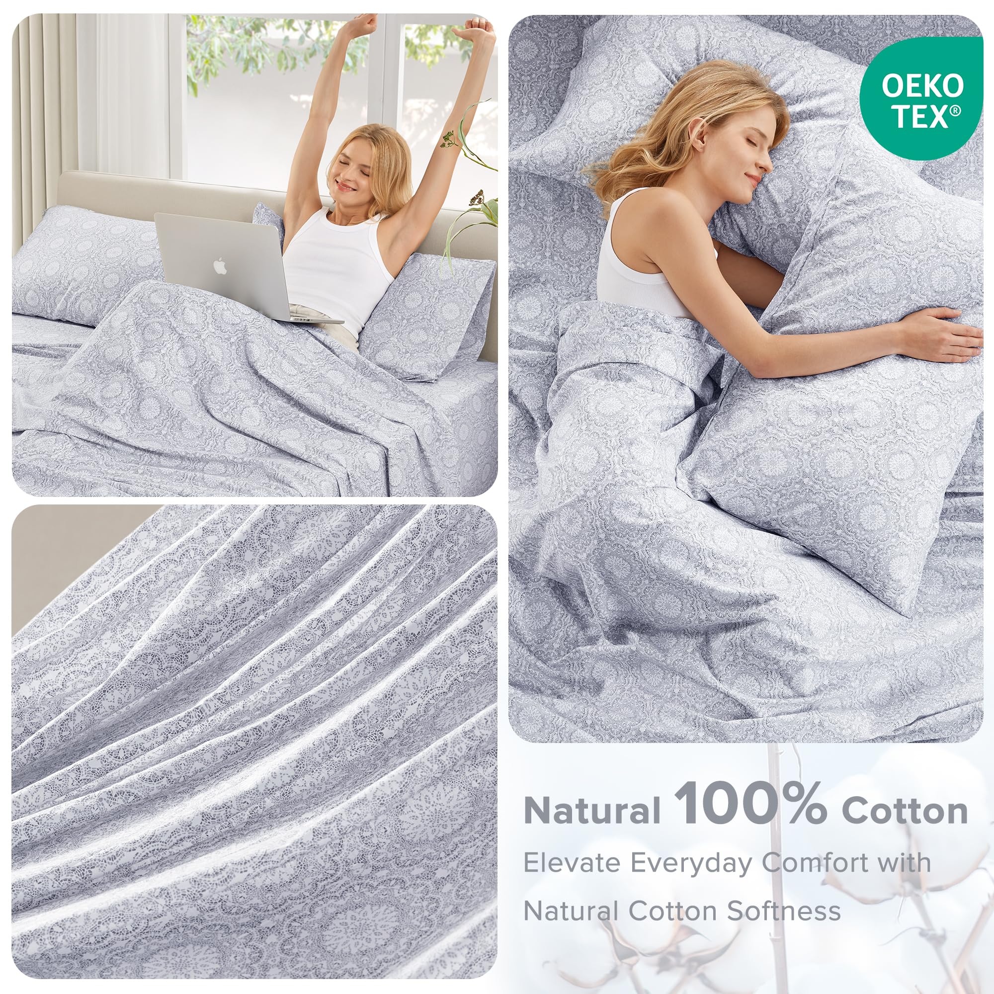 Comfort Spaces Komplet pościeli, 100% bawełna, oddychający, lekki, miękki, z elastyczną kieszenią 35 cm, do materacy o grubości do 40 cm, pościel całoroczna, poszewka, 4 el., Full Adelia, szary