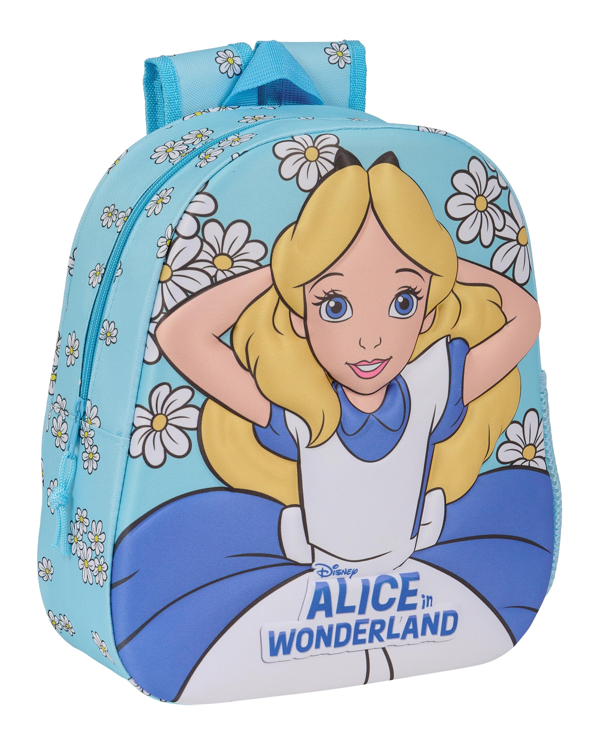 Safta ALICIA EN EL PAIS DE LAS MARAVILLAS - Mochila Escolar, con Diseño 3D, Adaptable a Carro, Ideal para Niños de Diferentes Edades, Cómoda y Versátil, Calidad y Resistencia, 27x10x33 cm, Color Celeste