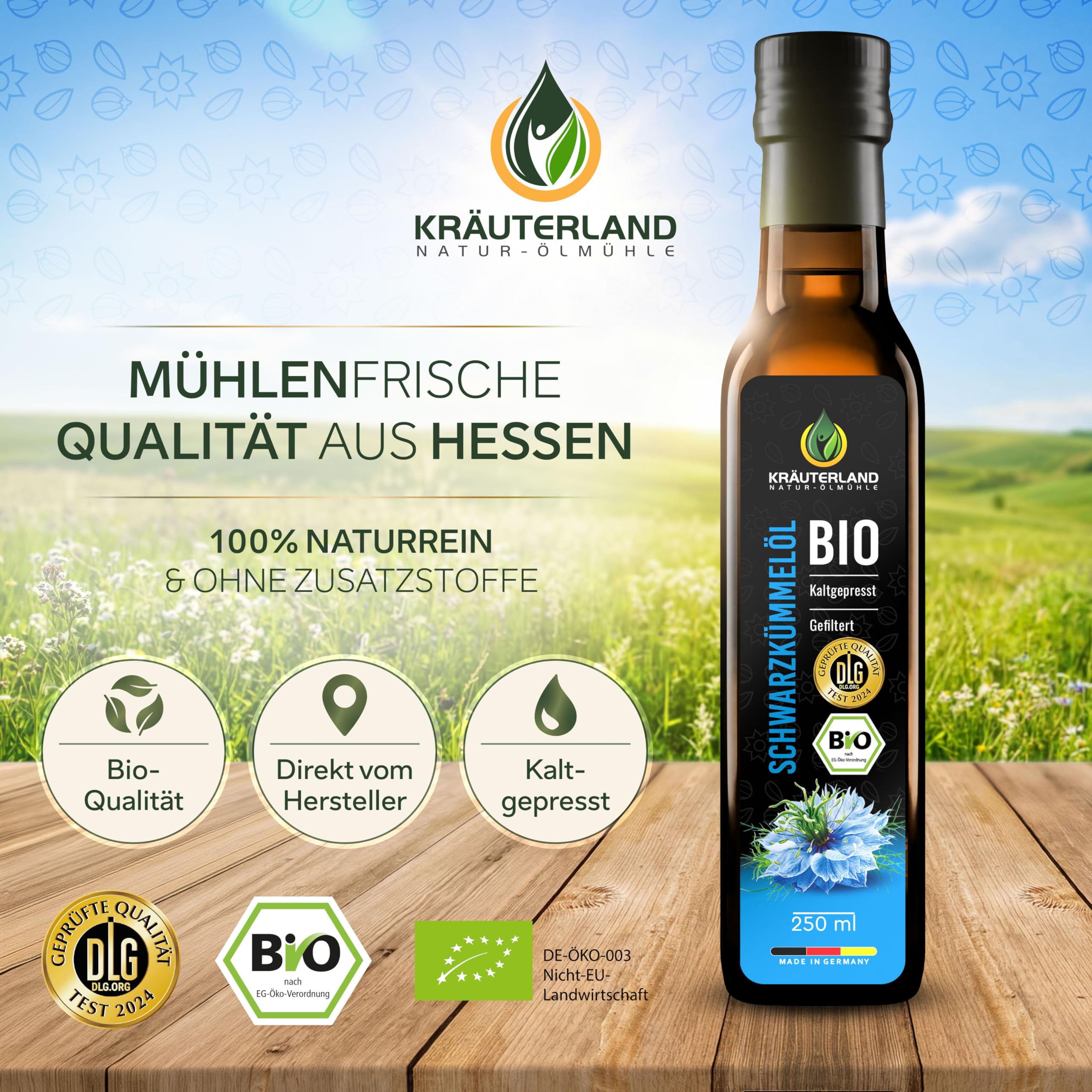 Kräuterland Bio Schwarzkümmelöl 4x250ml (1Liter) kaltgepresst gefiltert naturrein hoher Thymoquinon