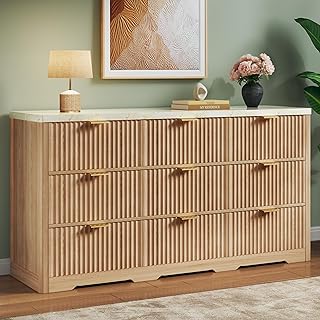 Fluted Dresser for Bedroom with 9 Drawers, 53'' Mid Century Modern Dressers with Faux Marble Top, Wooden Chests of Drawers with Gold Handle & Curved Profile, Closet Clothes Storage Organizer TV Stand