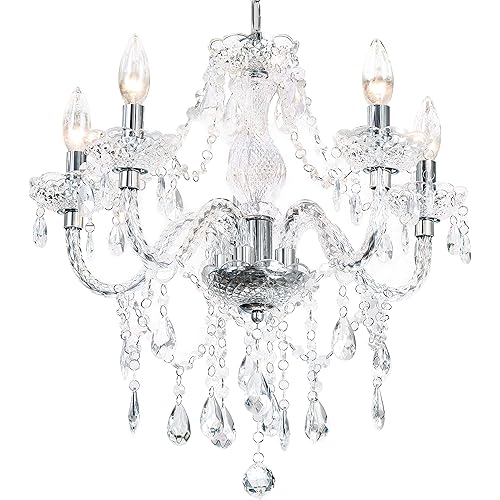 PAPAYA Crystal Chandeliers Clear Chandelier 5-Light Modern Pendant Ceiling Lighting Fixture with Acrylic Crystals & Beads for Girls Room,Living Room,Kitchen Island,Entryway