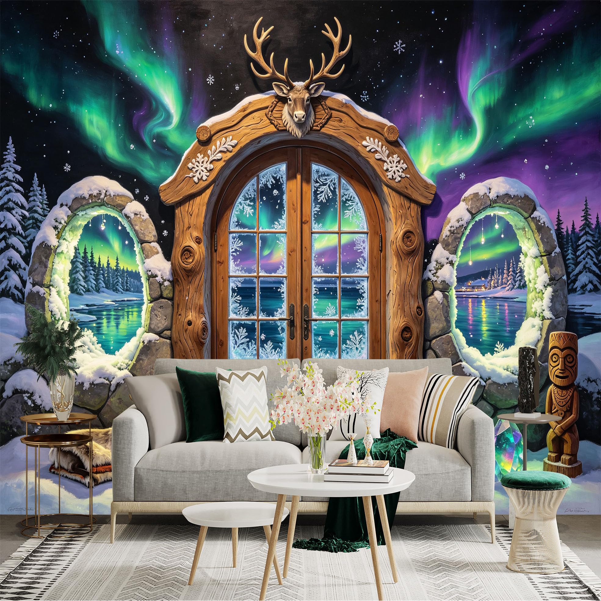Custom Size Wall Sticker Mural， Aurora Borealis Winter Cabin Door Snowy Forest Reindeer Night Sky， for wall Decoration， peelandstick wall Decals.