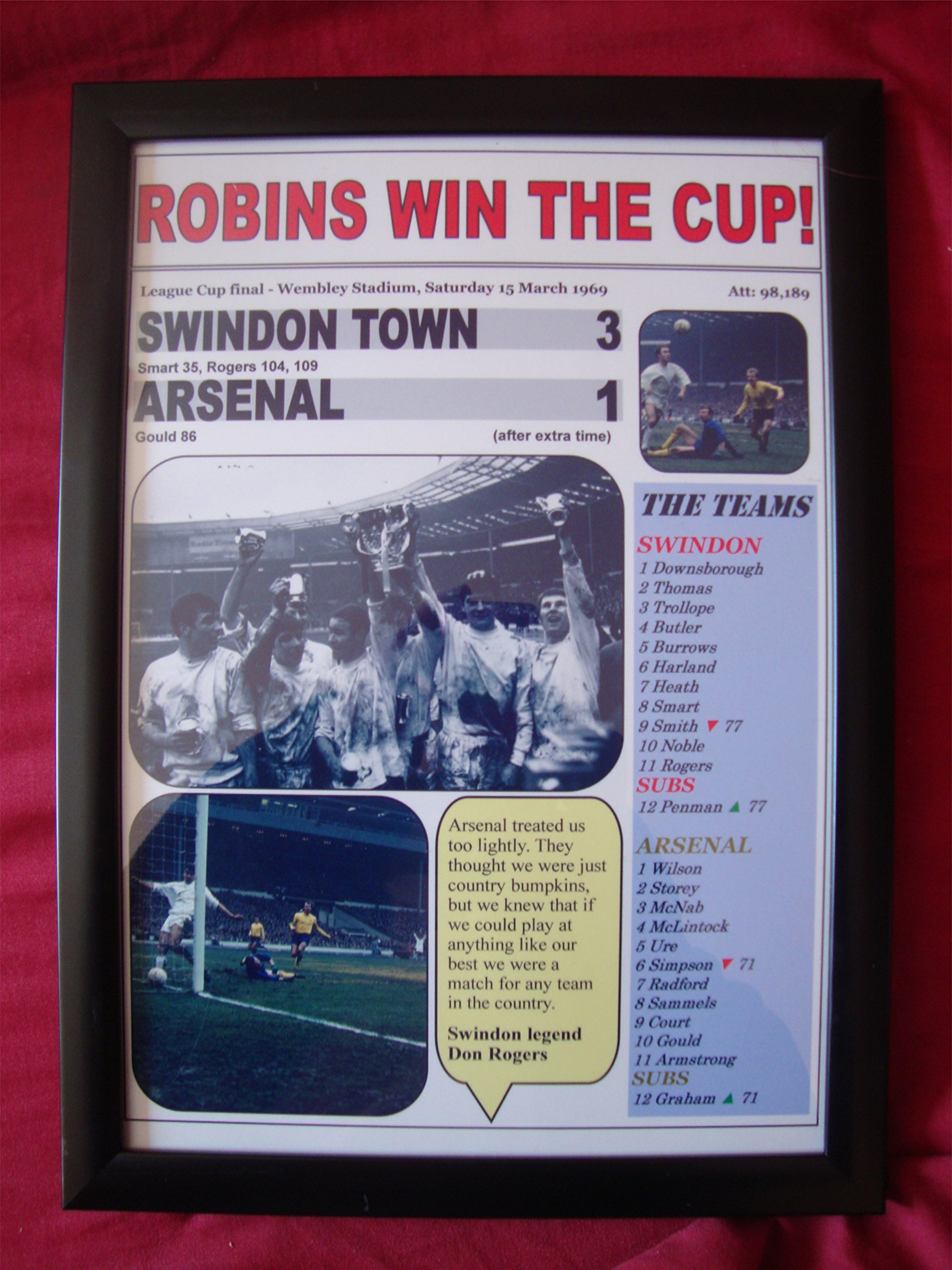 Lilywhite Multimedia Black Swindon Town 3 Arsenal 1 - 1969 League Cup Final - Framed Print