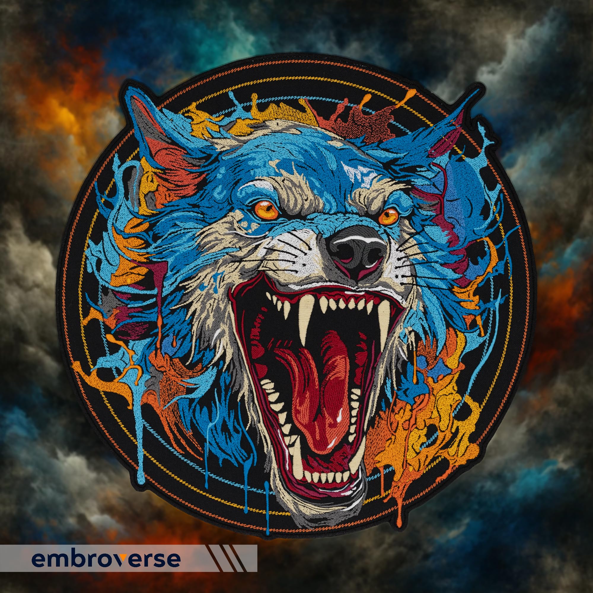 EMBROVERSE Parche bordado de lobo azul feroz, gran aplique de animal termoadhesivo, parche para la espalda de chaqueta de motocicleta, 14.8 x 15 pulgadas