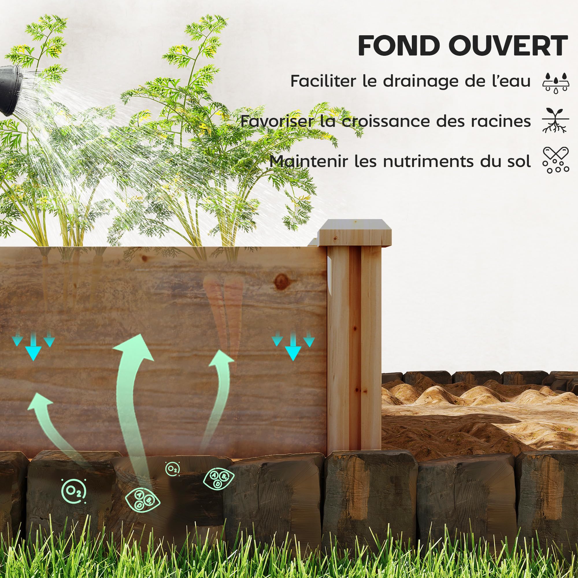 Outsunny Carré Potager en Bois 234x109x25 cm Lit de Jardin Surélevé 4 Zones de Culture Jardinière Extérieure à Fond Ouvert Montage sans Outil pour Légumes et Fleurs Marron Clair