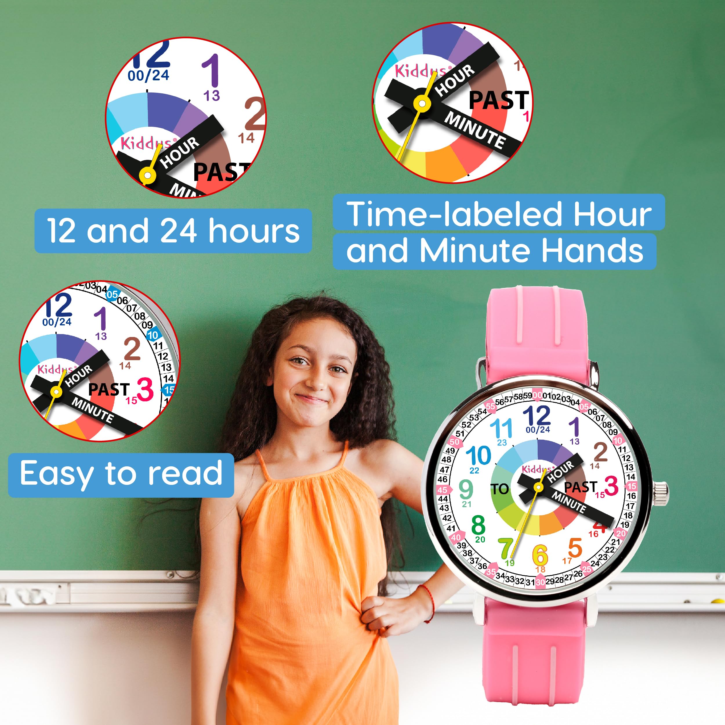 Kiddus Orologio Educativo per Bambino e Bambina dai 5 ai 10 Anni, Orologio Analogico Didattico per Imparare l'Ora, Movimento Giapponese