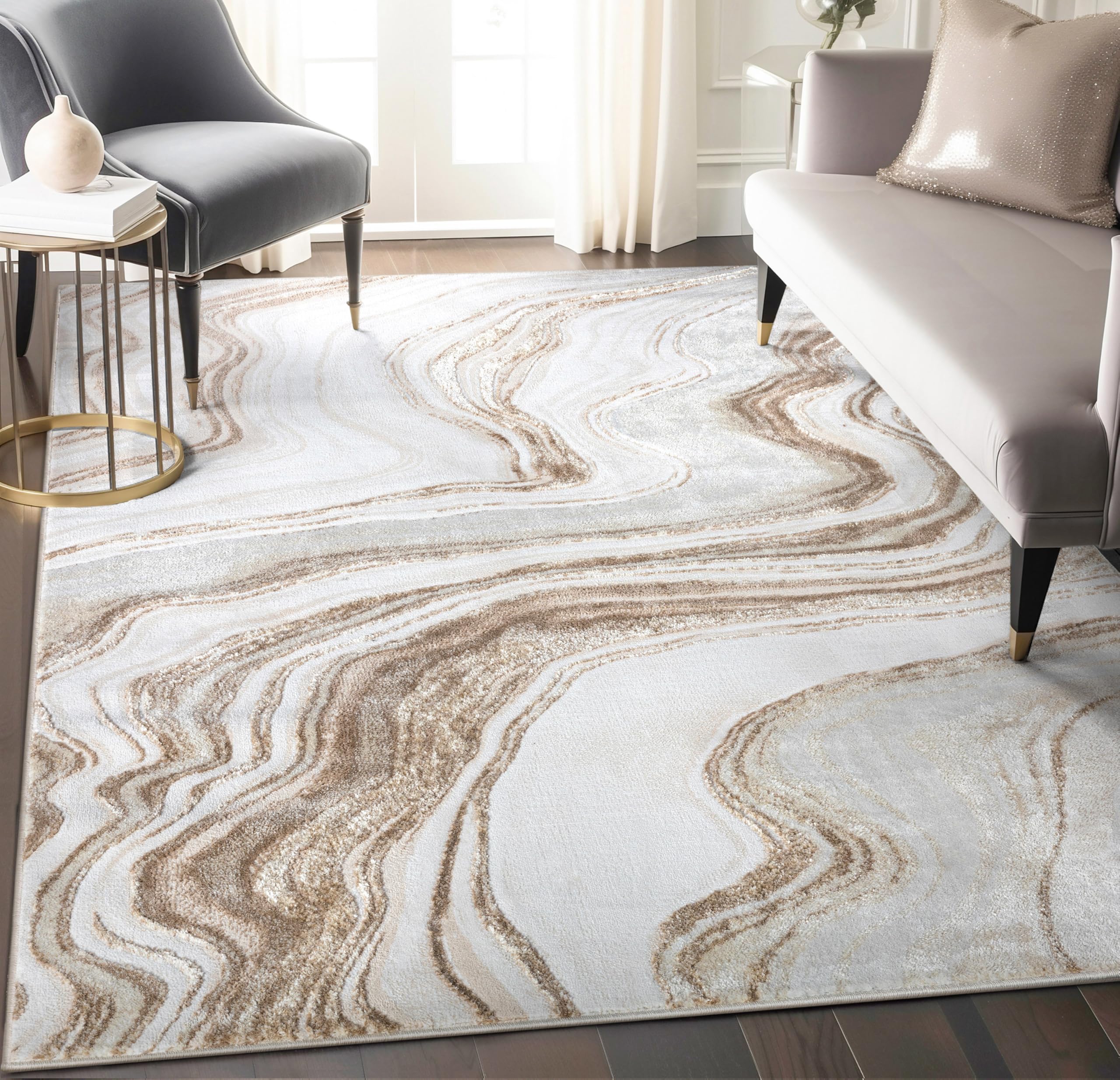 Well Woven Werrick Abstract Modern 3'11" x 5'3" Area Rug - Ivory Wavy Lines Marble Pattern - for Entryway, Office, Living Room
